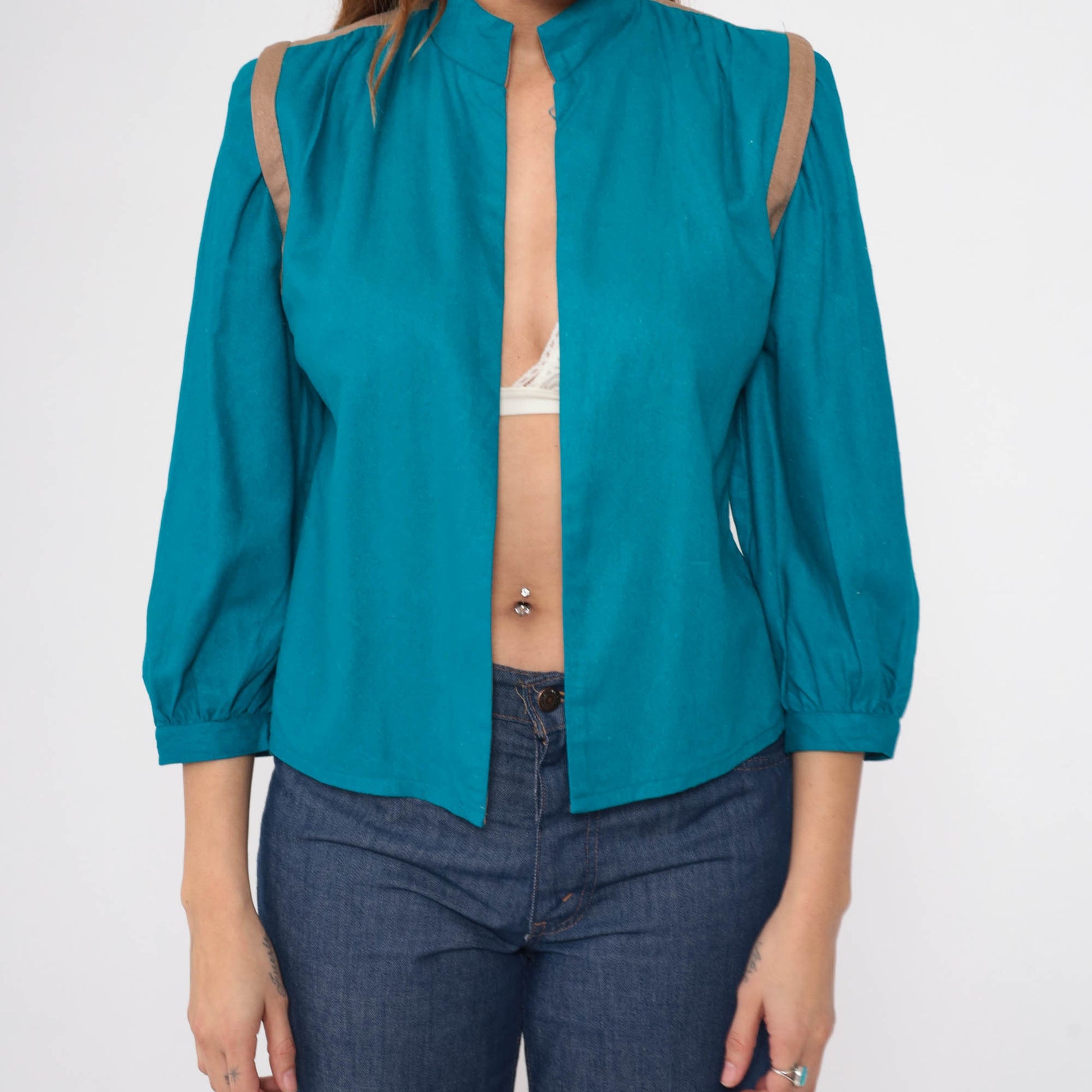 80s Teal Silk Noil Jacket Puff Sleeve Mandarin Collar Open Front Small