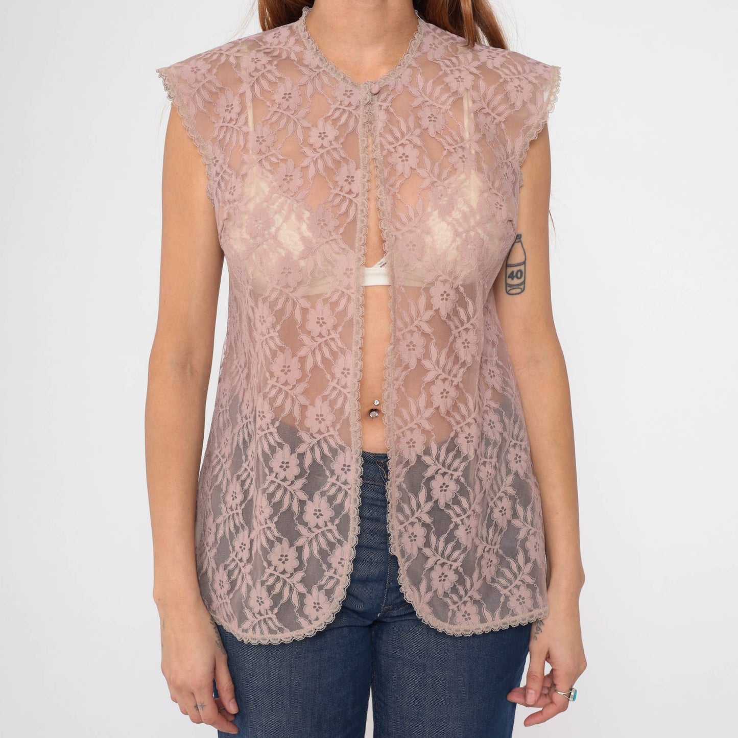 70s Mauve Lace Jacket Cap Sleeve Open Front Blouse Small S