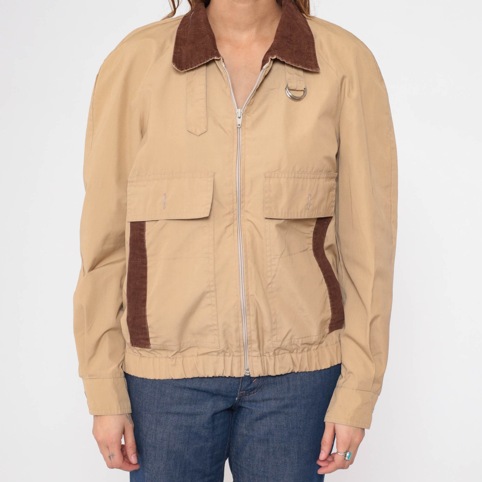 80s Tan Windbreaker Jacket Corduroy Collar Utility Pockets Zip Medium