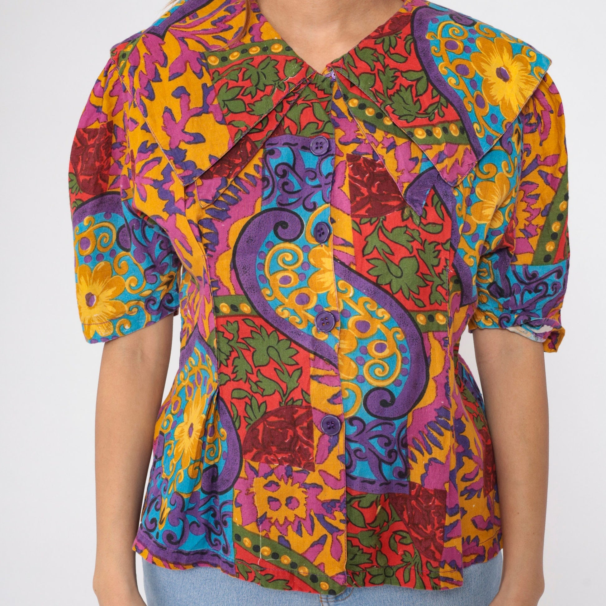90s Mahudi Floral Cotton Blouse Puff Sleeve Pilgrim Collar Large L