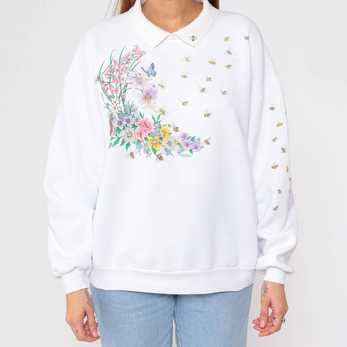 90s Honeybee Floral Butterfly Sweatshirt White Collared Pullover Extra Large XXL
