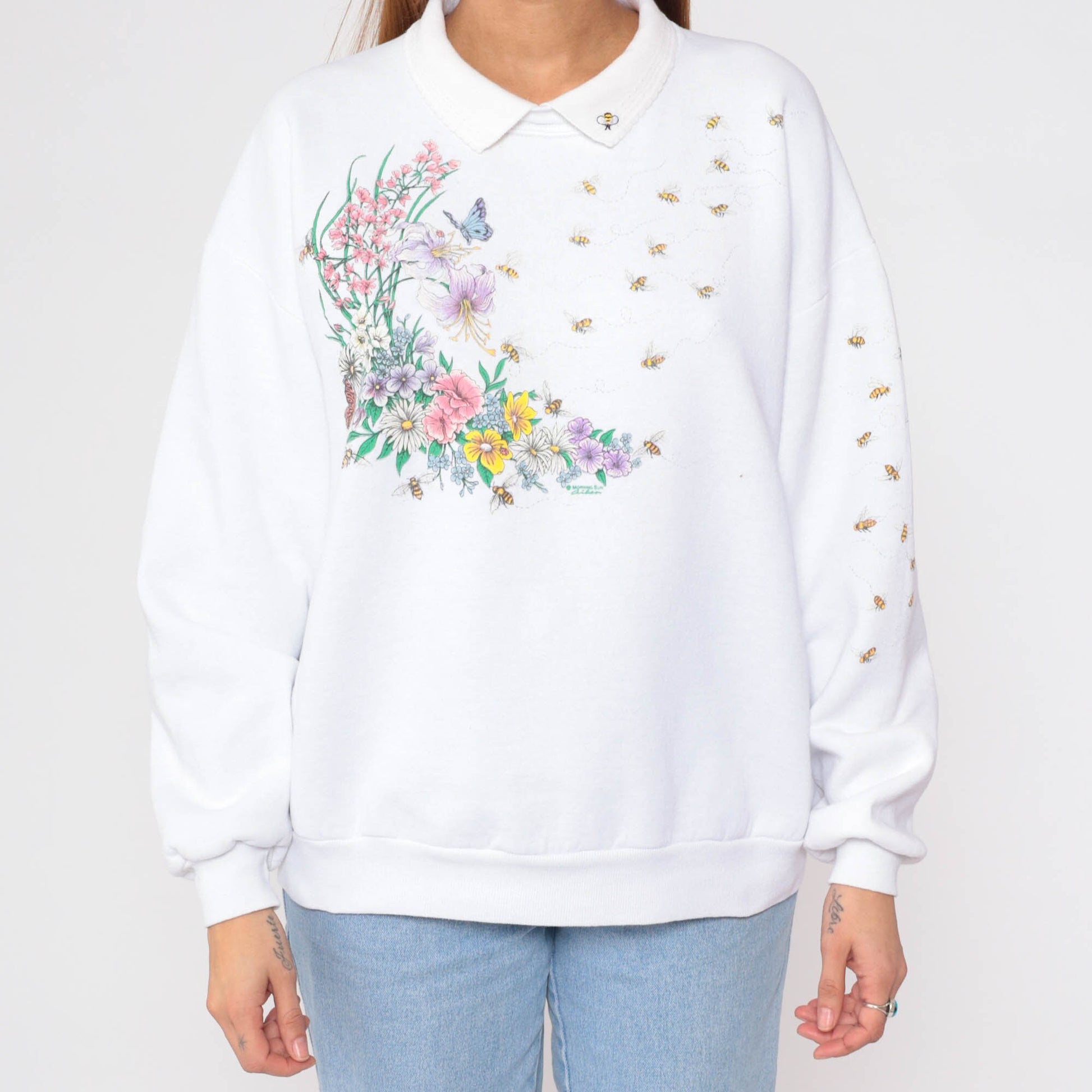 90s Honeybee Floral Butterfly Sweatshirt White Collared Pullover Extra Large XXL