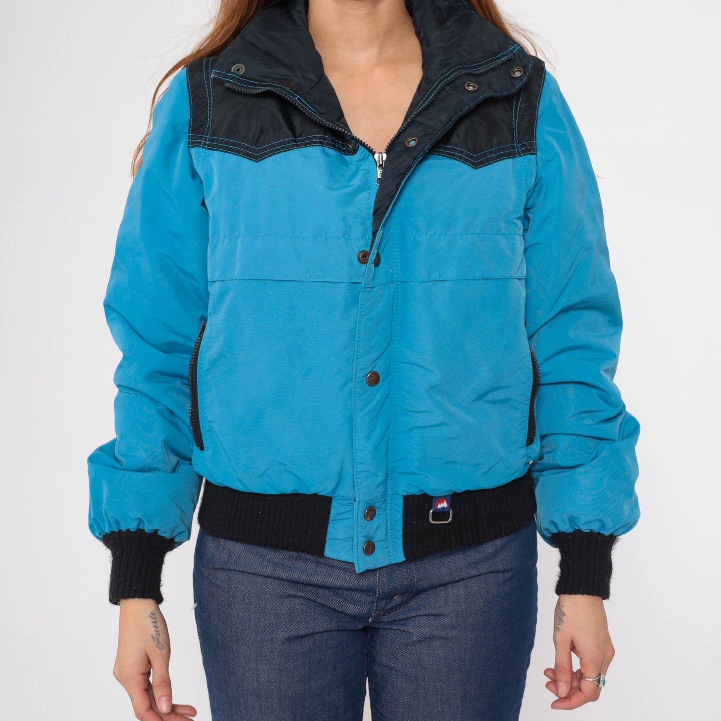 80s White Mountain Puffer Ski Jacket Blue Black Convertible Zip Sleeve Large