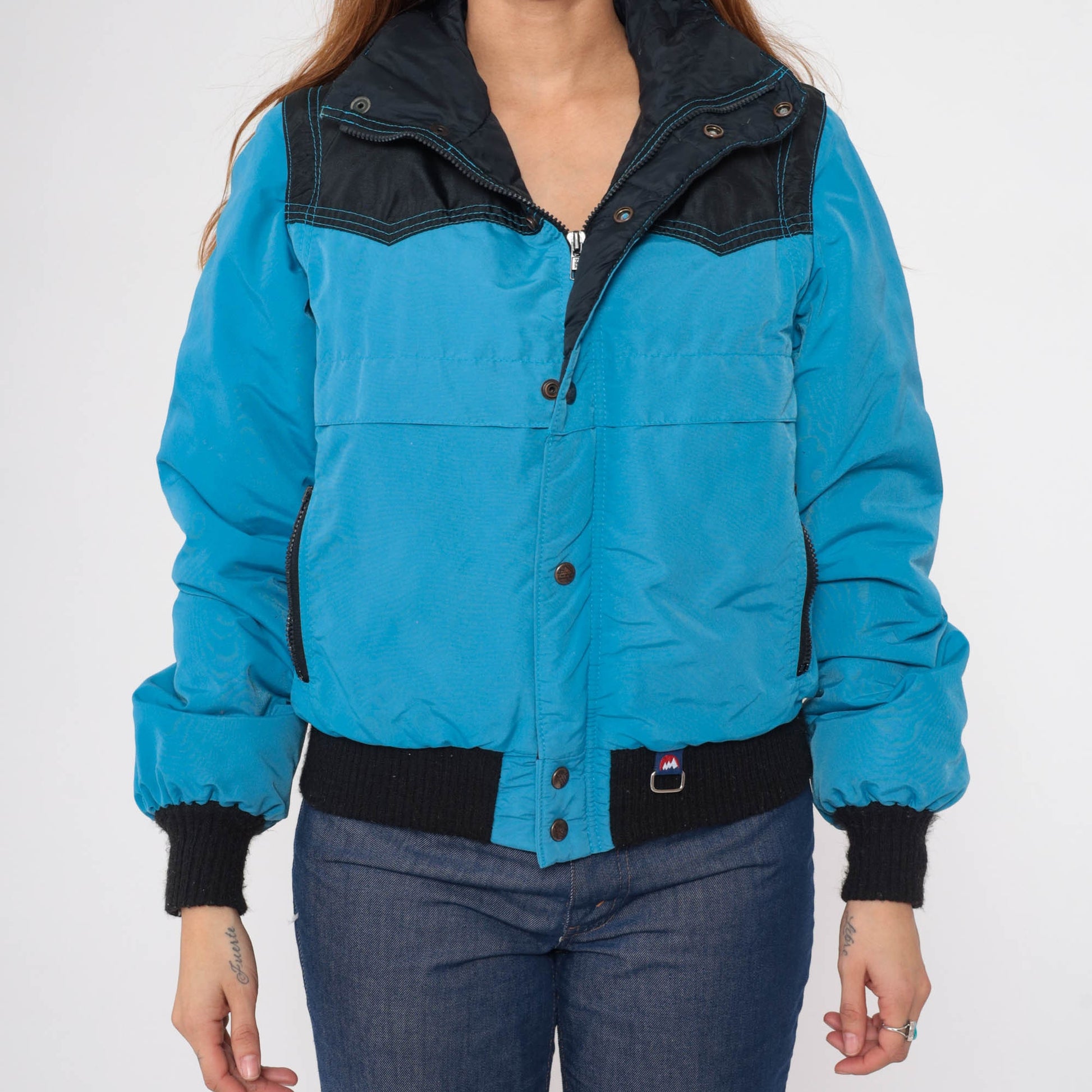 80s White Mountain Puffer Ski Jacket Blue Black Convertible Zip Sleeve Large