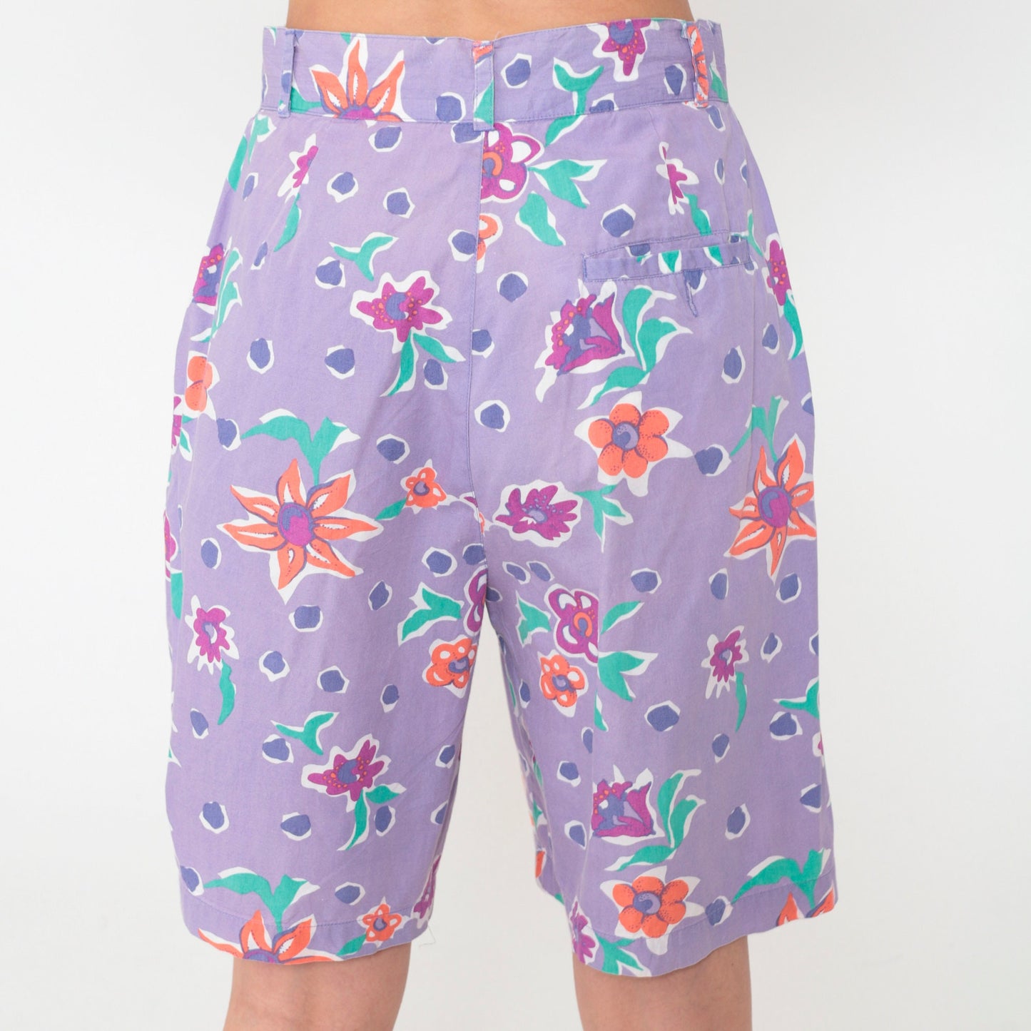 90s Lavender Polka Dot Floral Shorts High Waist Pleated Cotton Small