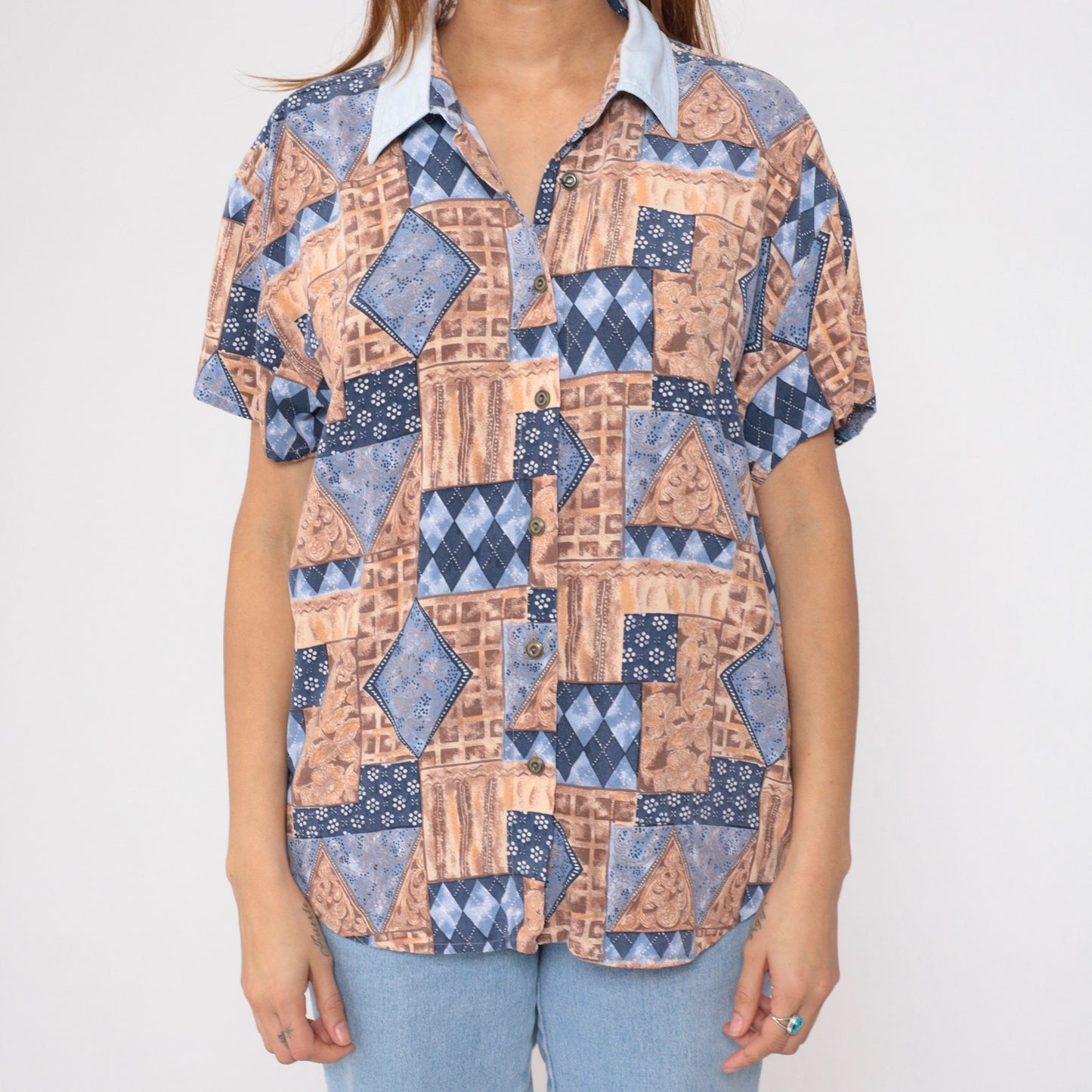 90s Geometric Floral Button-Up Blouse Short Sleeve Patchwork Print Blue Tan Large L