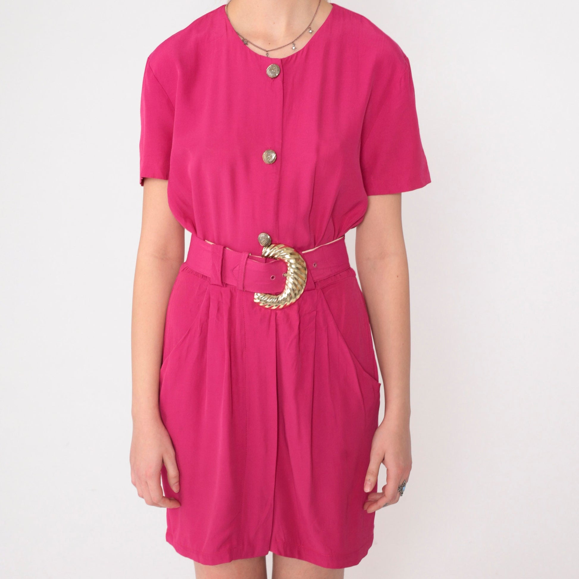 90s Hot Pink Mini Dress Button-Up Sheath Belted Short Sleeve Small