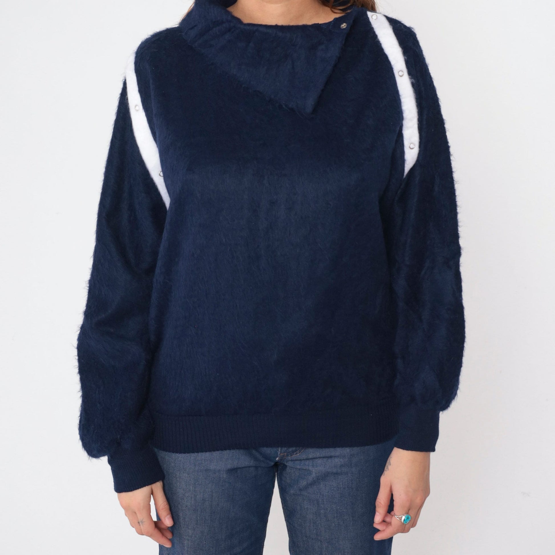 80s Navy Shaggy Fleece Sweatshirt Asymmetrical Shawl Collar Snap Pullover Small