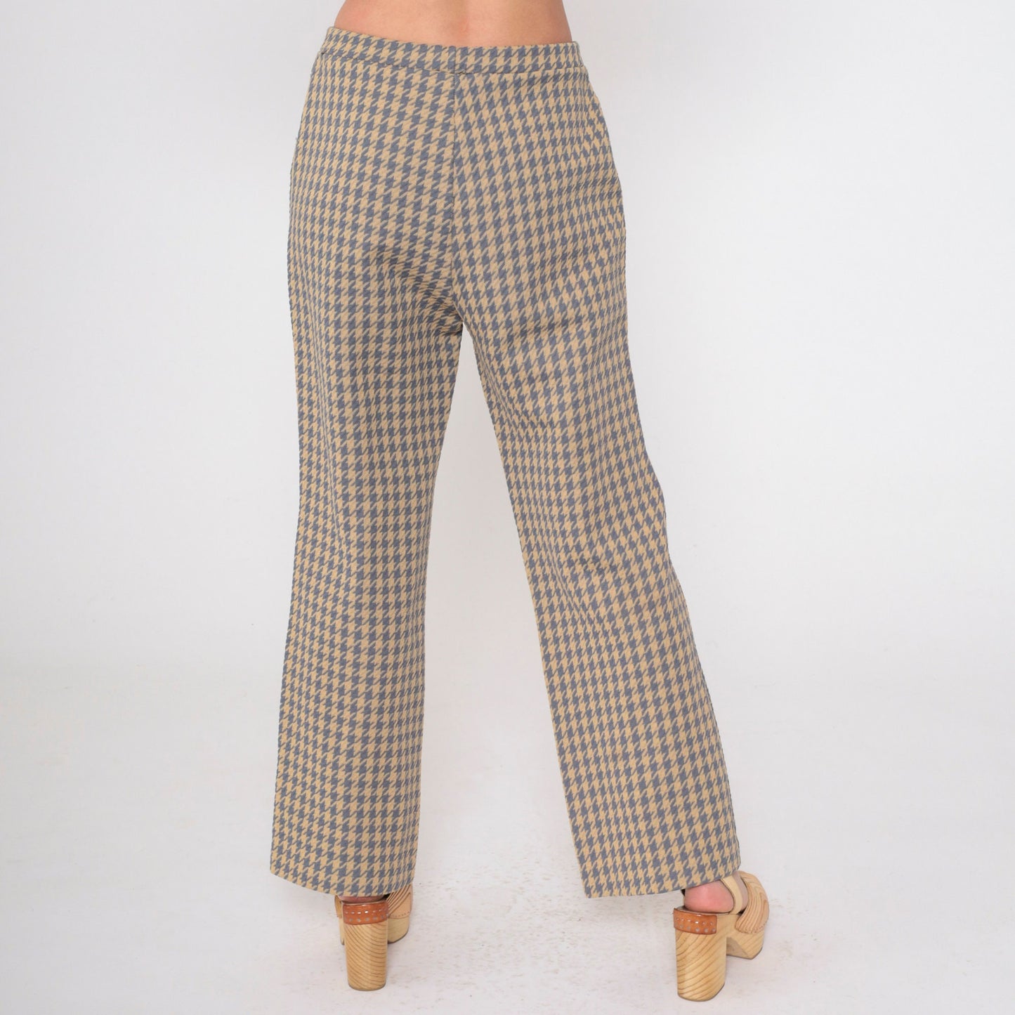 70s Houndstooth Flared Trousers High Waist Grey Tan Checkered Small Medium