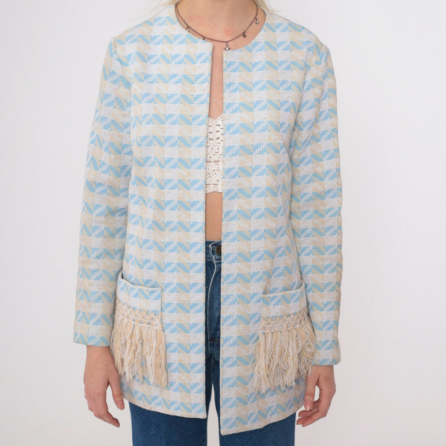 70s Nardis of Dallas Baby Blue Checkered Chevron Open Front Jacket Small Medium