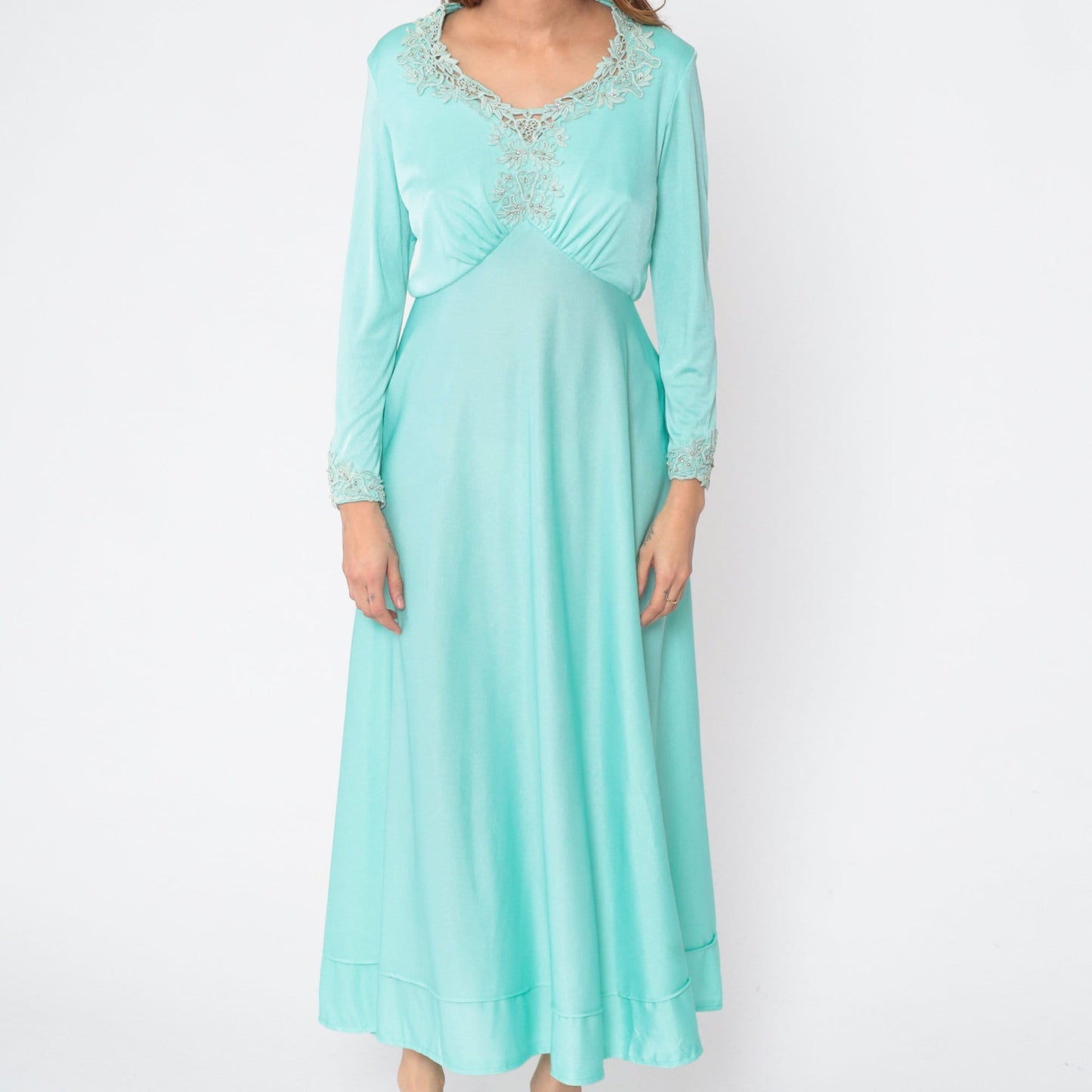 70s Seafoam Floral Beaded Maxi Dress Long Sleeve Empire Waist Medium