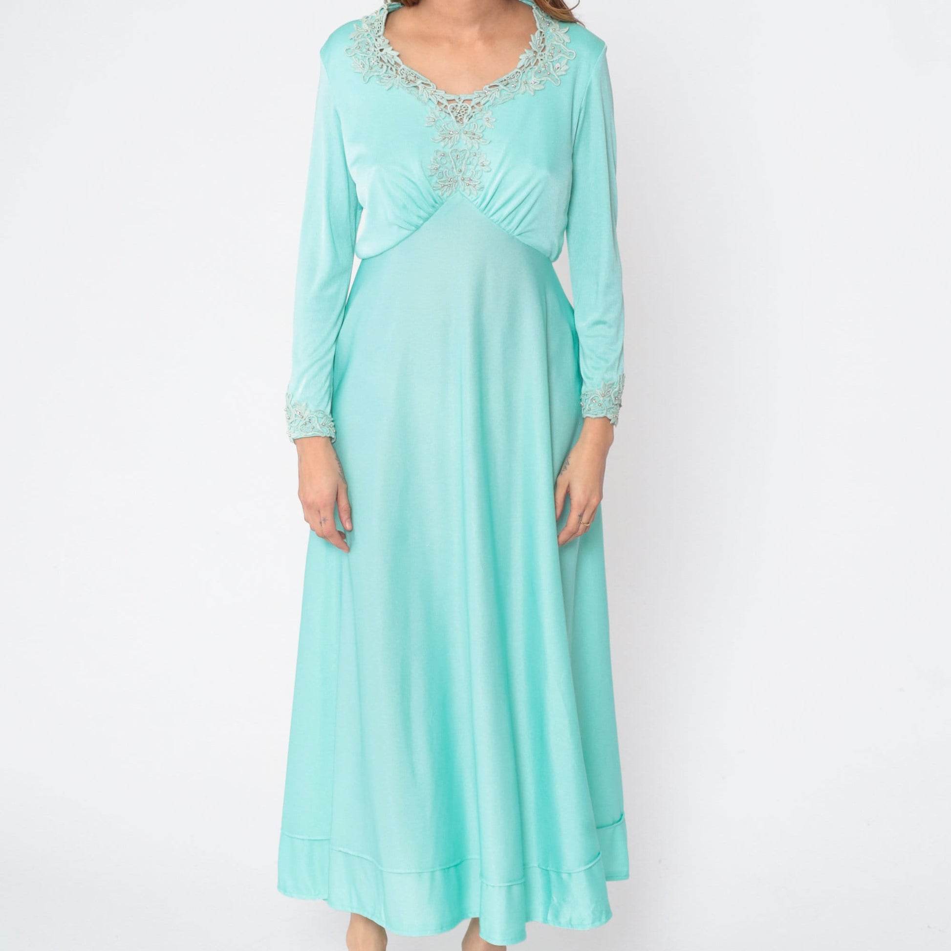 70s Seafoam Floral Beaded Maxi Dress Long Sleeve Empire Waist Medium