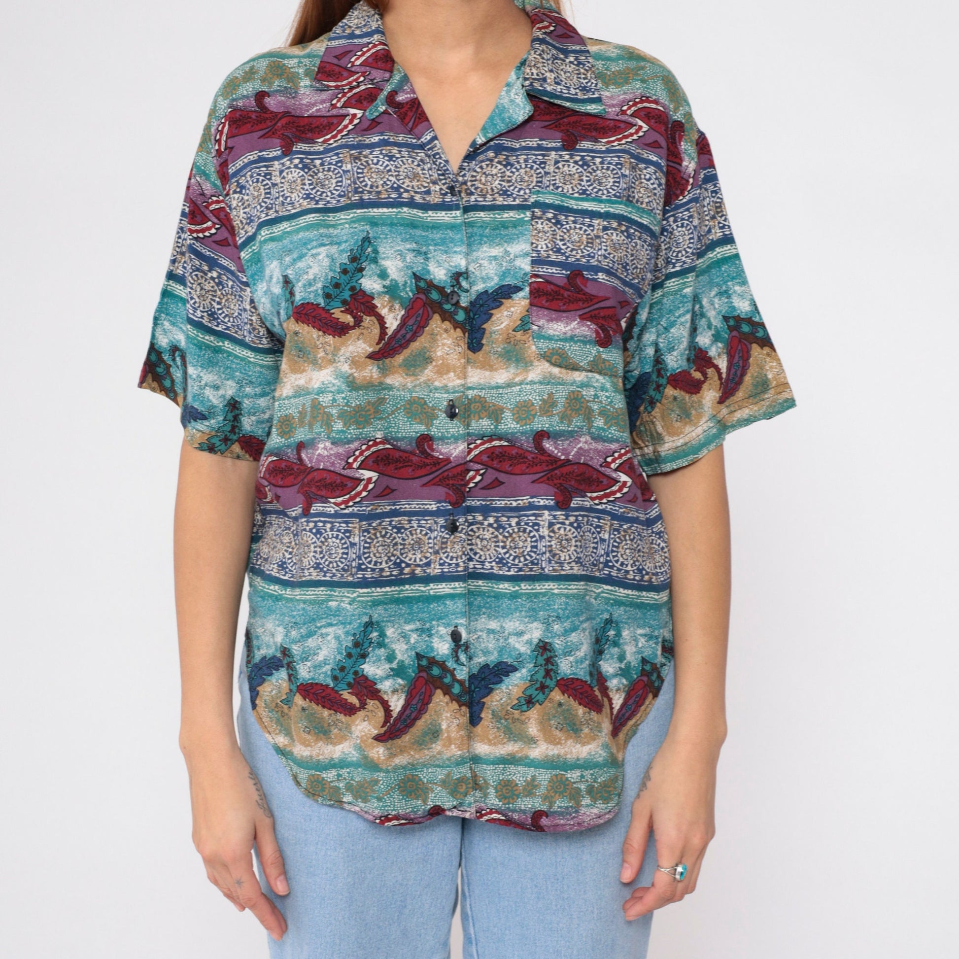90s Indian Mandala Leaf Button-Up Blouse Short Sleeve Floral Print Blue Red Medium M