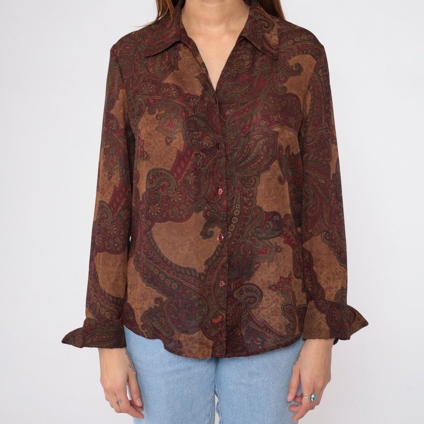 90s Kasper Paisley Button-Up Blouse Brown Long Sleeve Medium