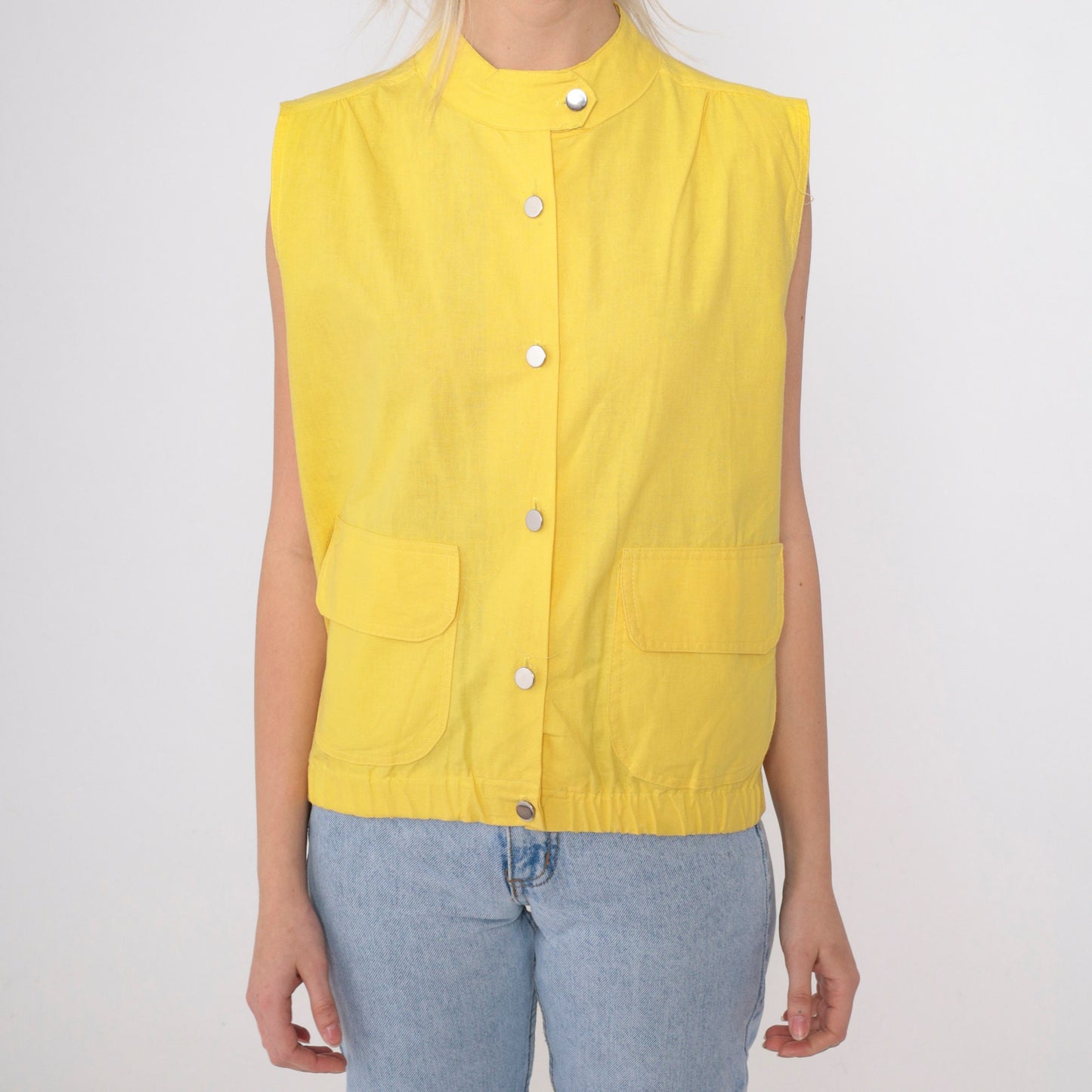 80s Jess Yellow Utility Tank Top Button-Up Vest Silver Banded Collar Medium