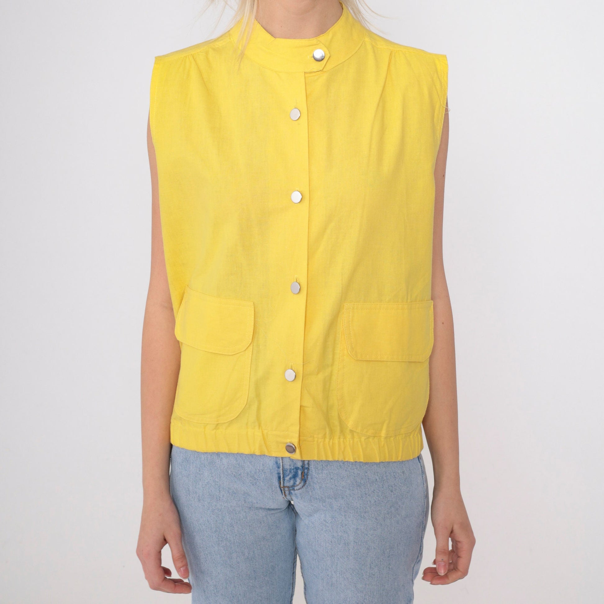 80s Jess Yellow Utility Tank Top Button-Up Vest Silver Banded Collar Medium