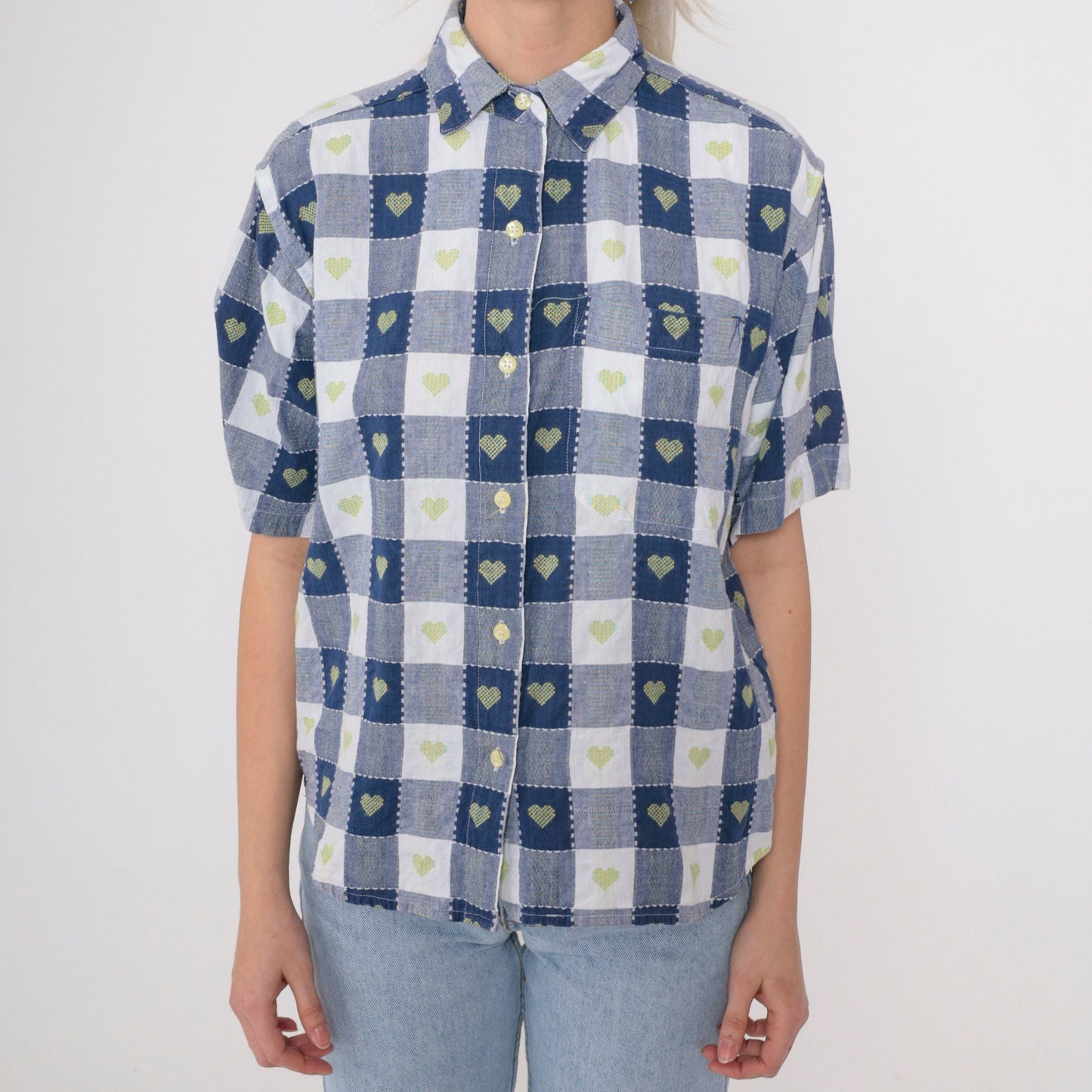 90s Blue Buffalo Plaid Shirt Embroidered Hearts Button Up Petite Medium