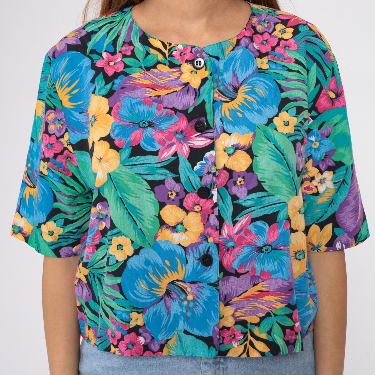 90s Black Tropical Floral Crop Top Button-Up Blouse Short Sleeve Large L