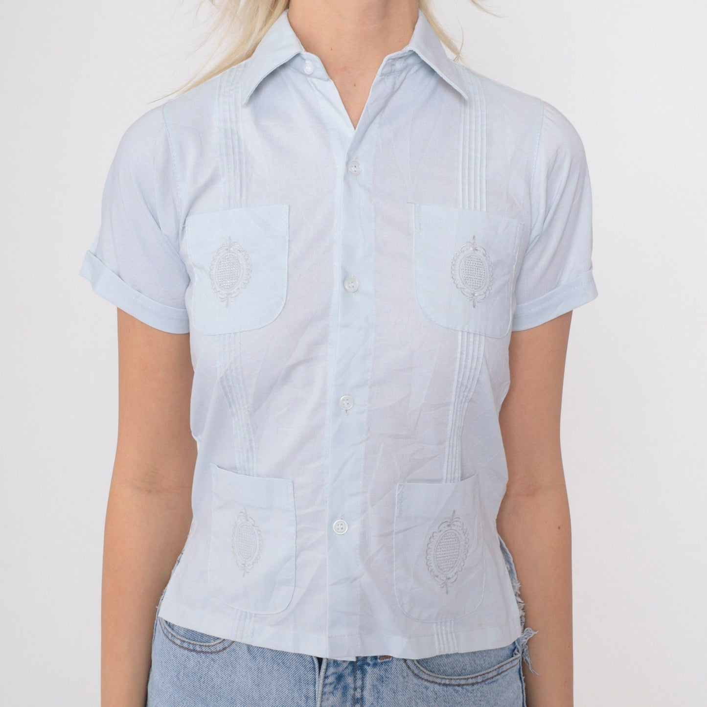 80s Baby Blue Embroidered Pintuck Button-Up Shirt Short Sleeve XXS
