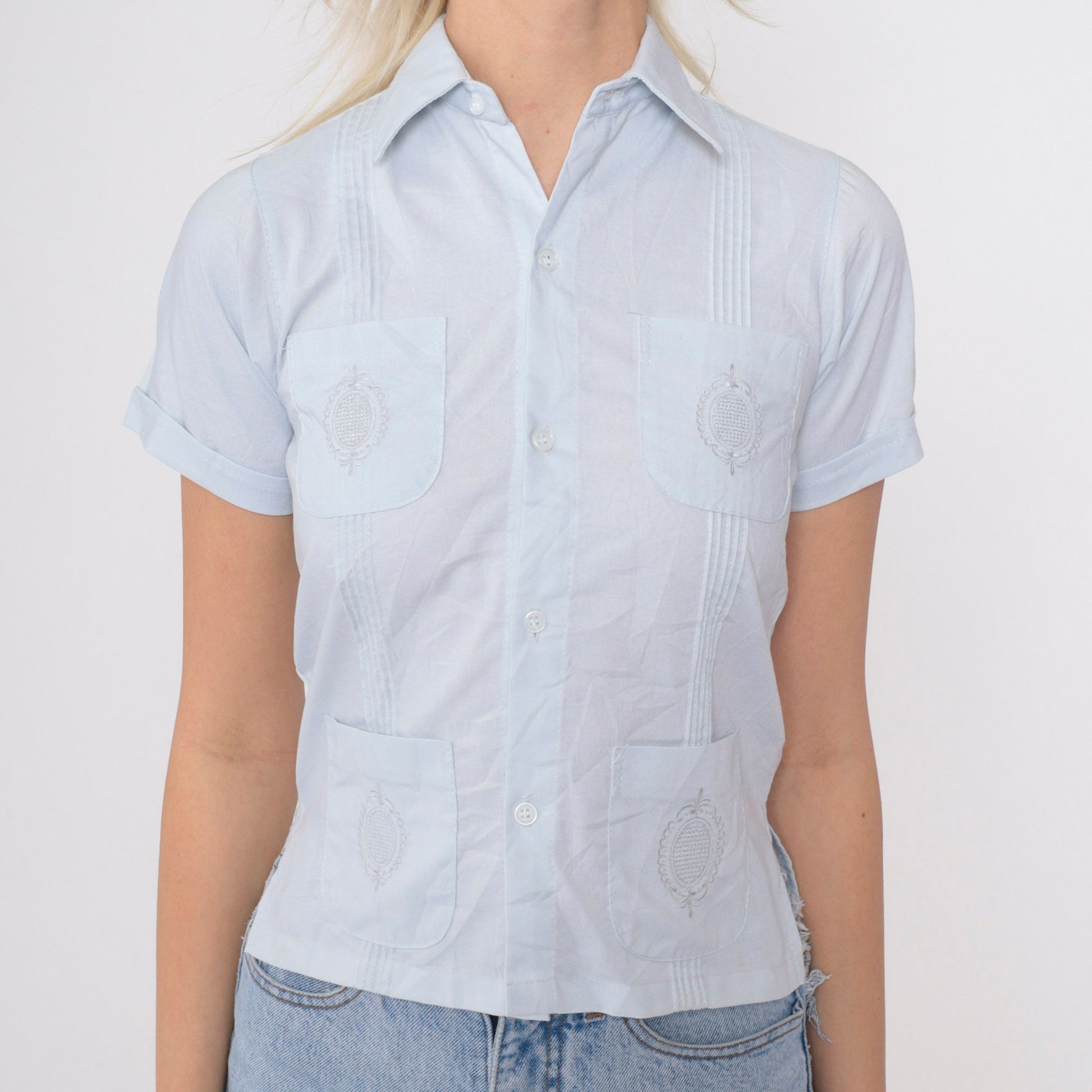 80s Baby Blue Embroidered Pintuck Button-Up Shirt Short Sleeve XXS