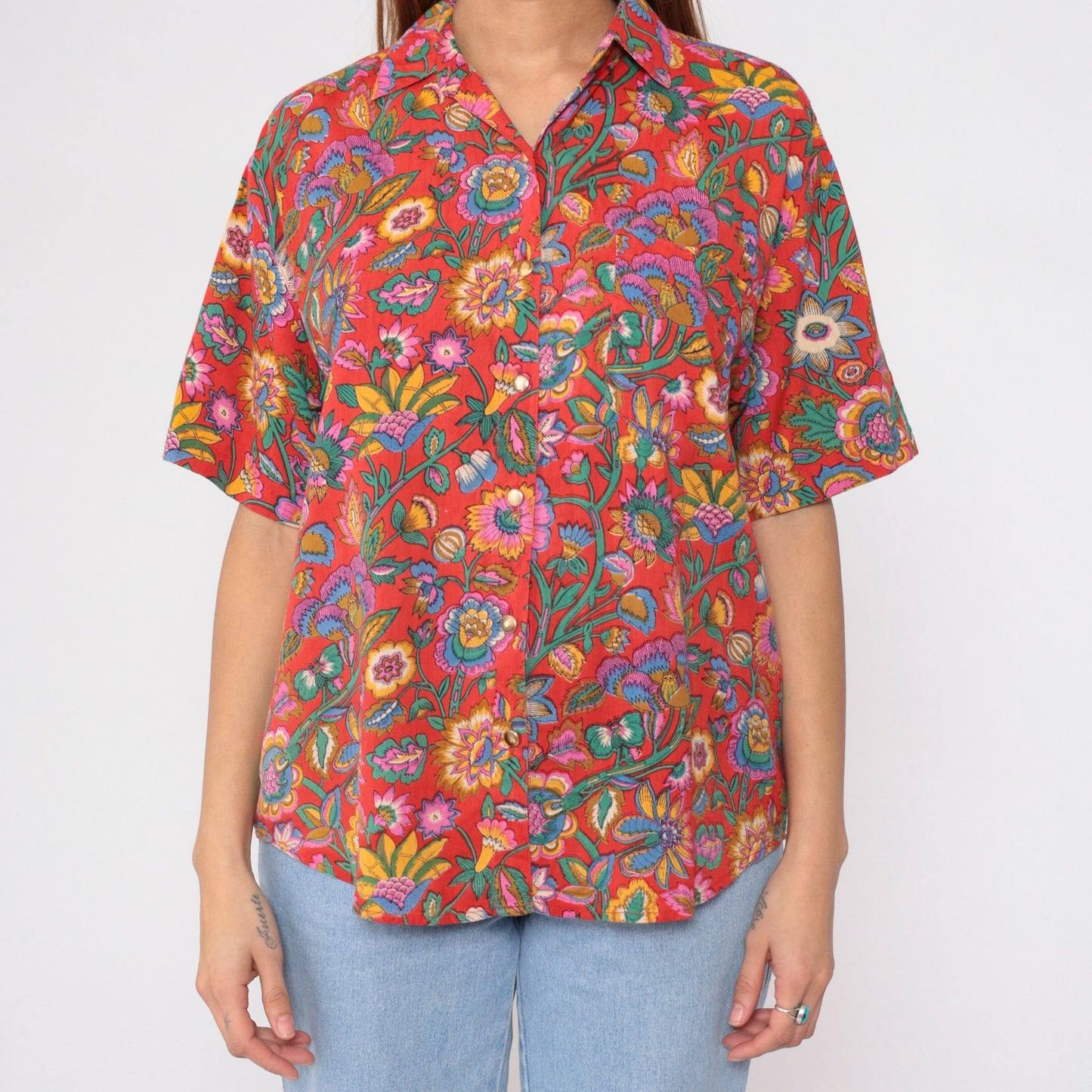 90s Indian Floral Red Button-Up Blouse Short Sleeve Cotton Rayon Medium M