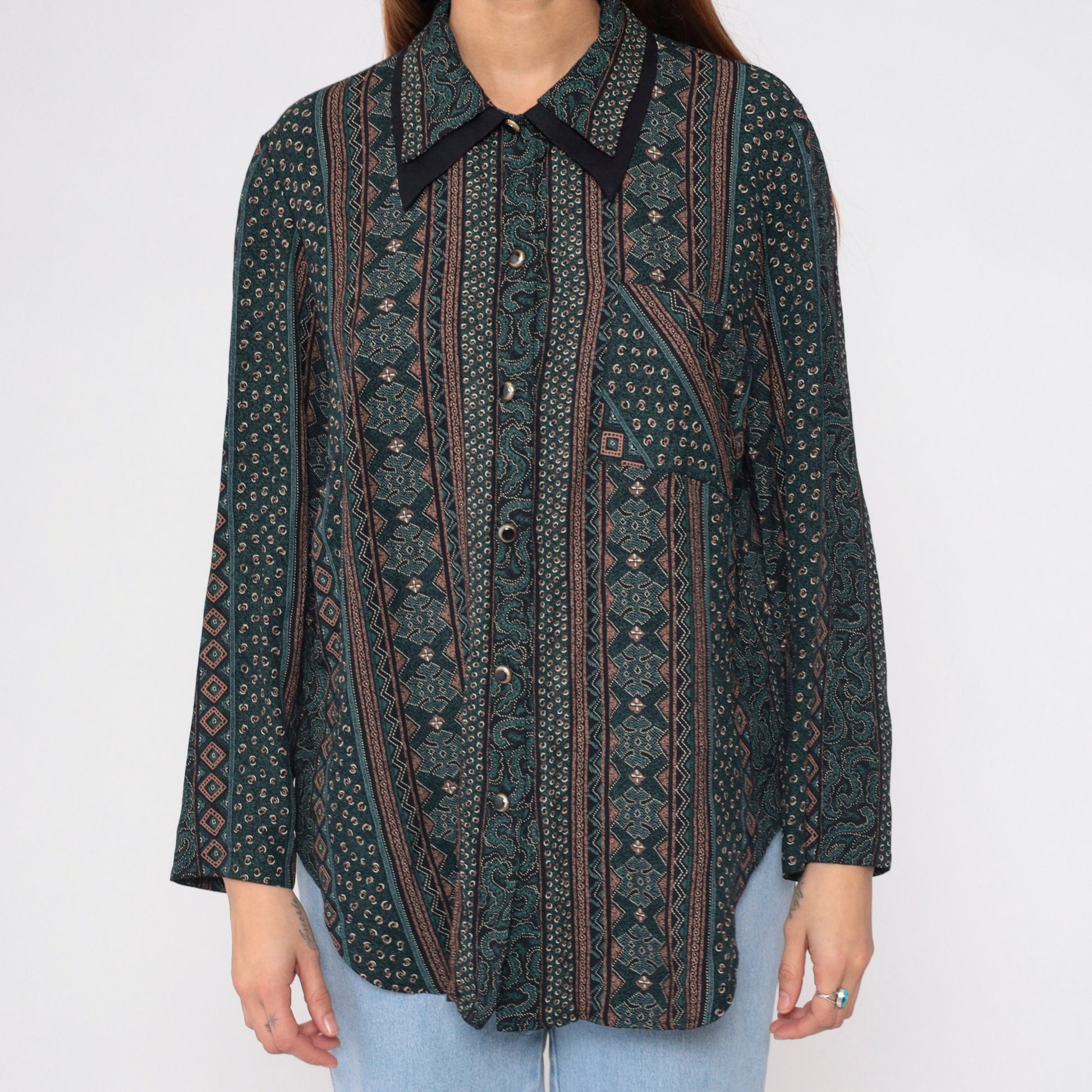 90s Striped Abstract Print Button-Up Blouse Layered Collar Long Sleeve Plus Size XXL