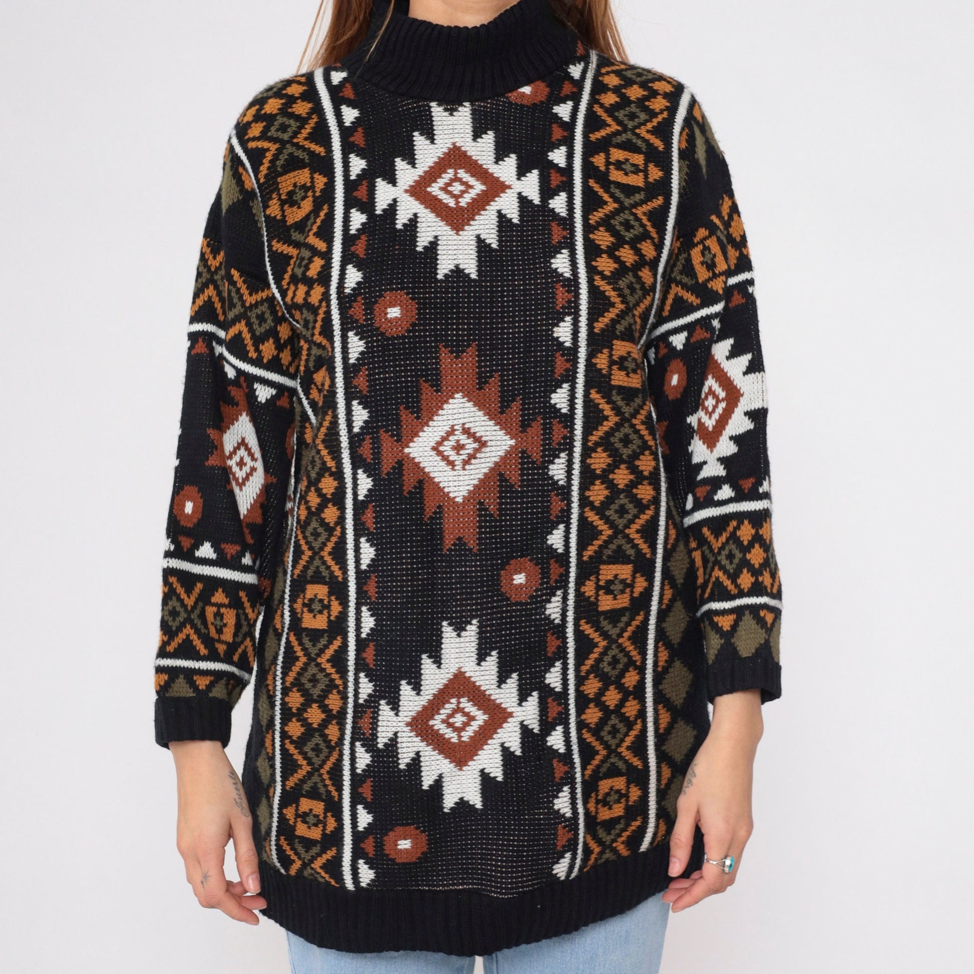 80s Southwestern Knit Turtleneck Sweater Black Geometric Print Large L