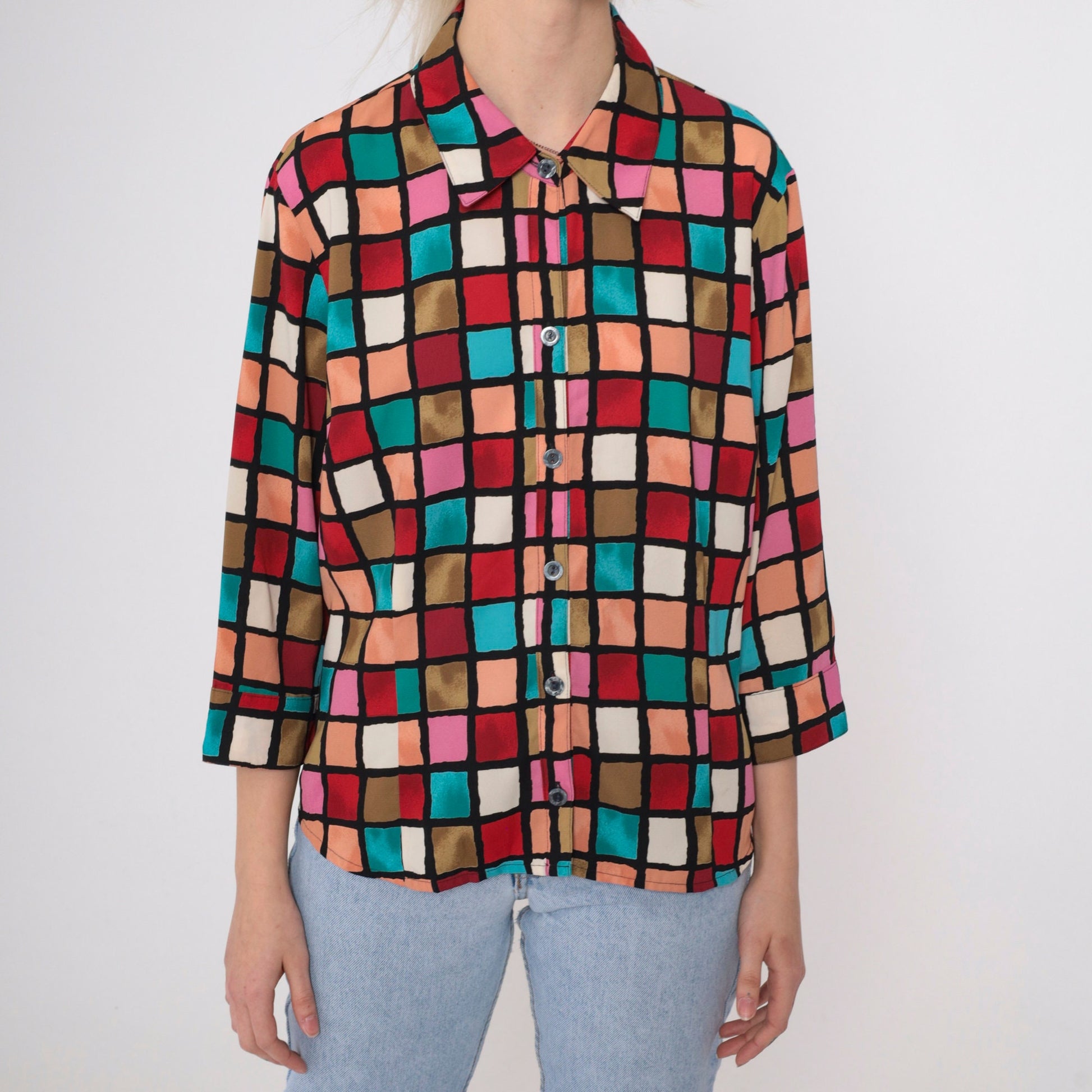 90s Checkered Button-Up Blouse 3/4 Sleeve Red Pink Turquoise Preppy Extra Large