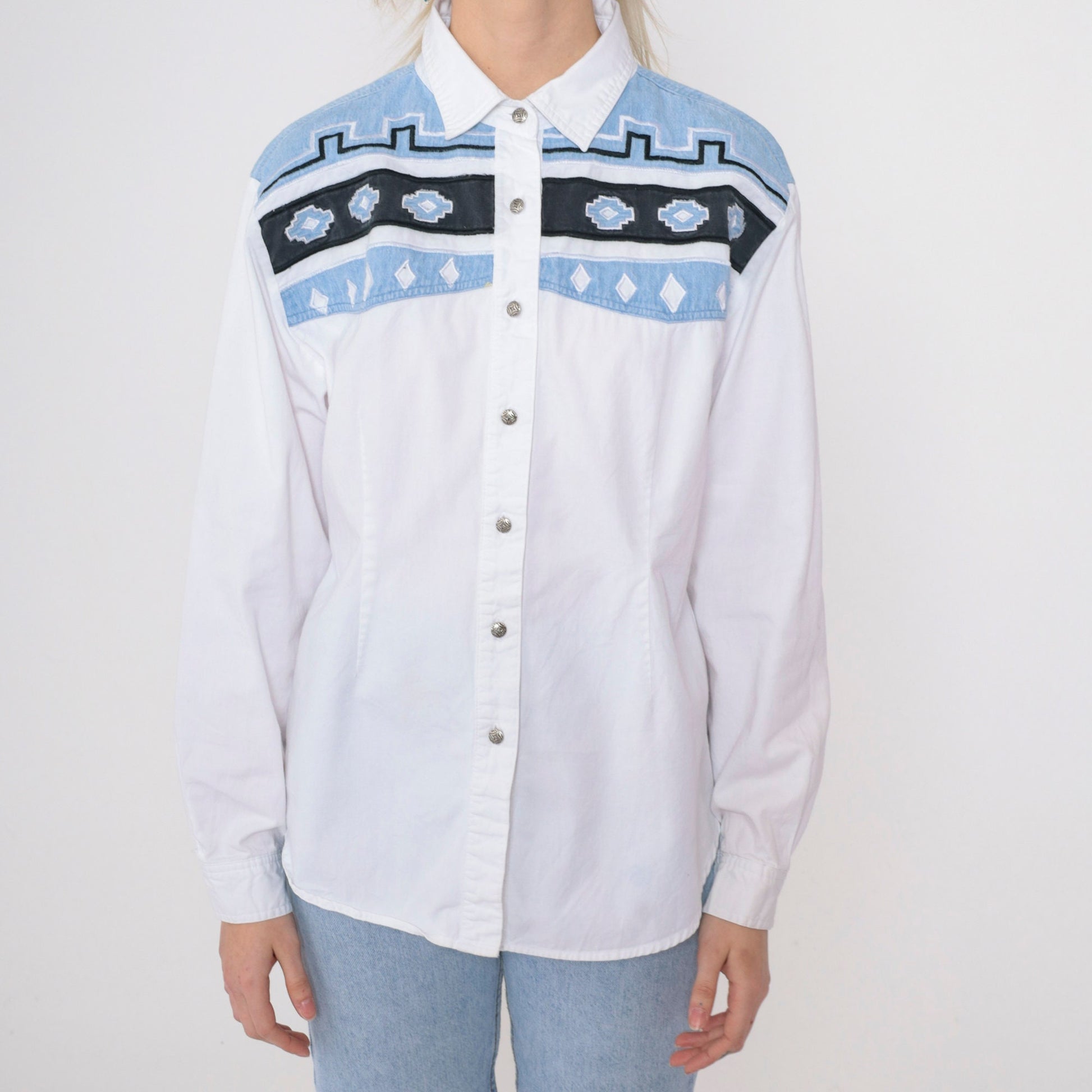 90s Adobe Rose Southwestern Embroidered Button Up Blouse White Cotton Large L