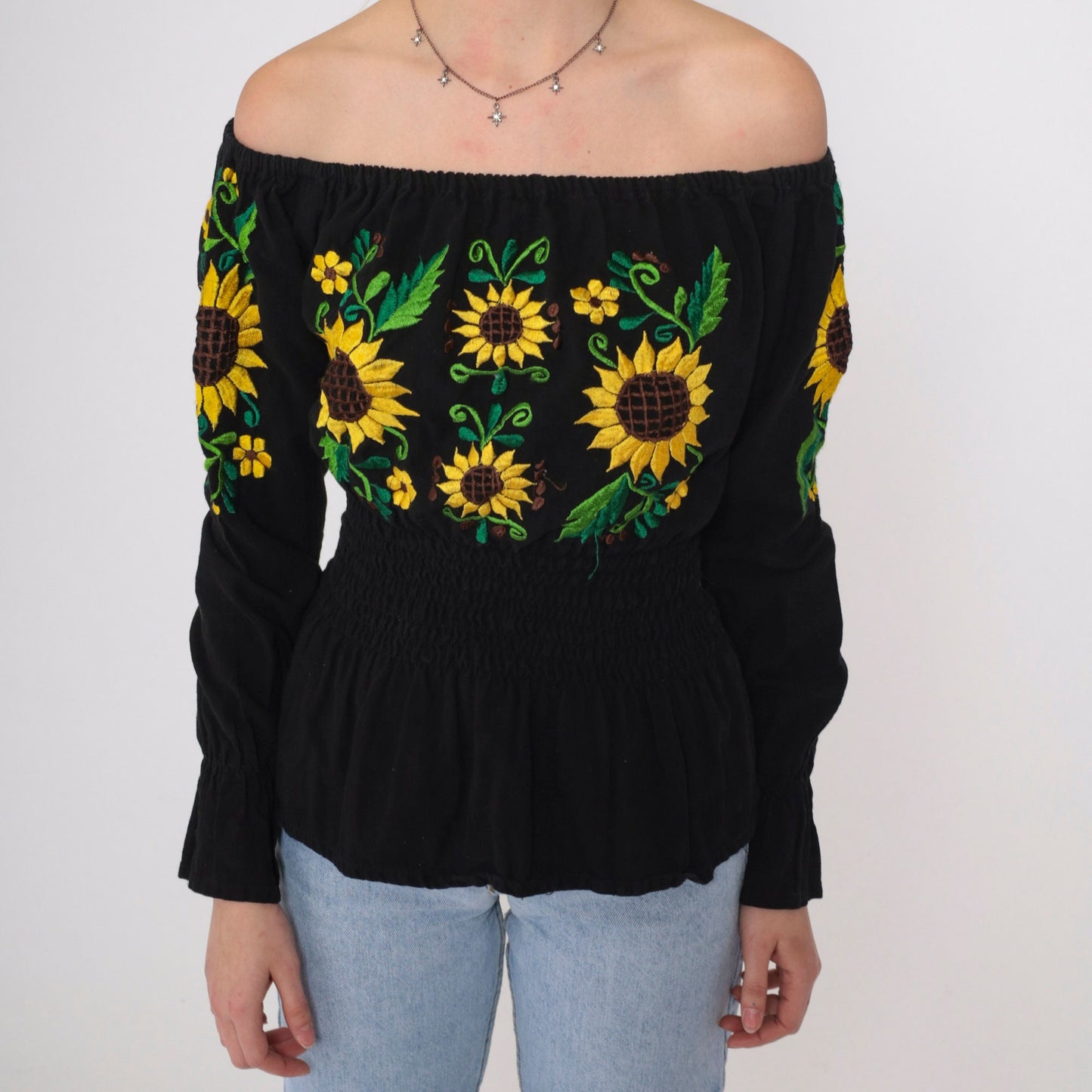 90s Mexican Embroidered Blouse Black Off-Shoulder Sunflower Smocked Small