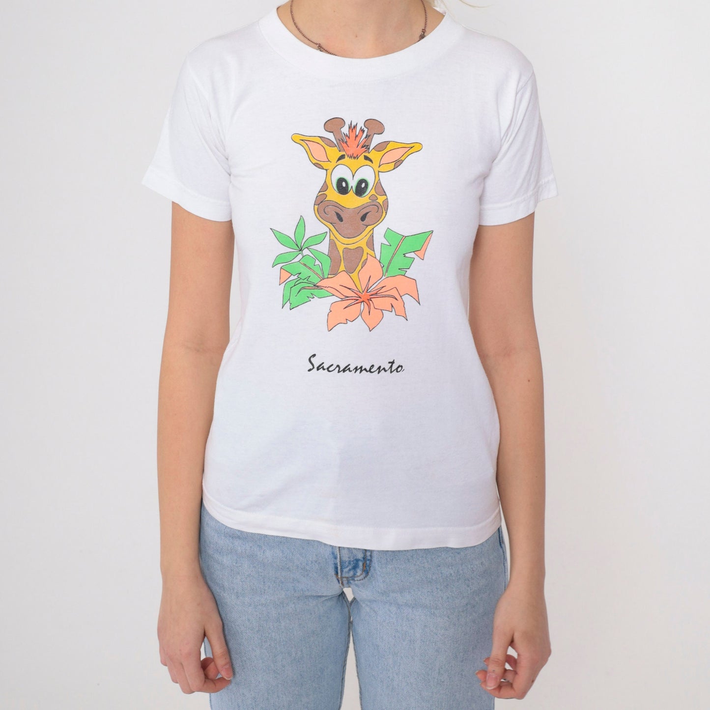 90s Sacramento Zoo Giraffe T-Shirt White Graphic Tee Appliqué XXS