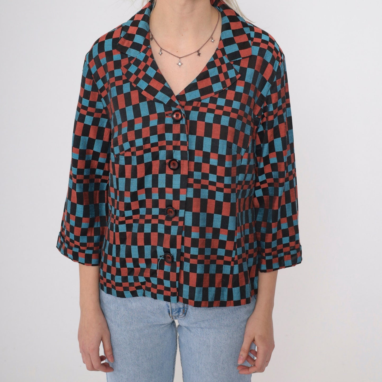 90s Checkered Blazer Black Blue Burnt Orange Op Art Print Medium