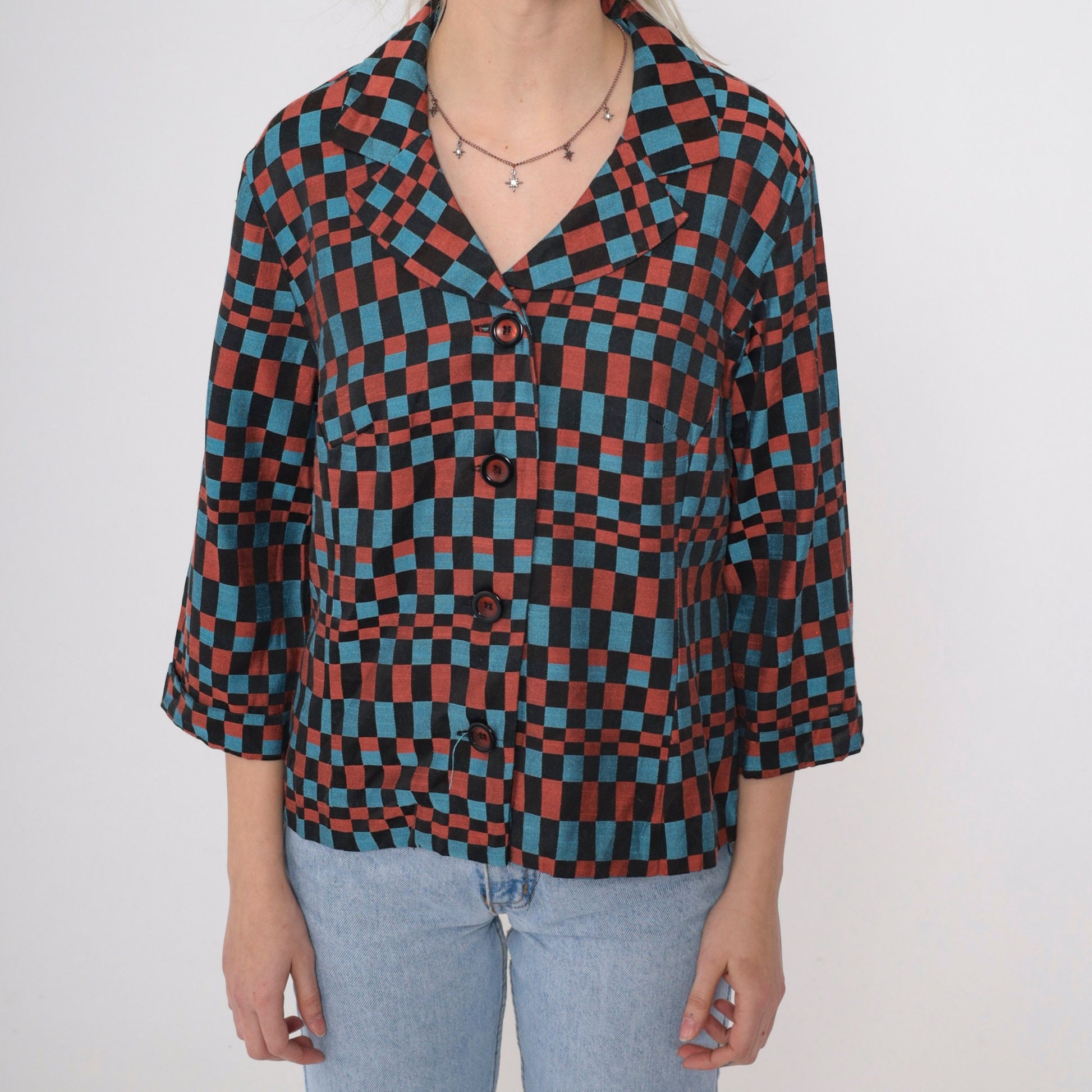 90s Checkered Blazer Black Blue Burnt Orange Op Art Print Medium