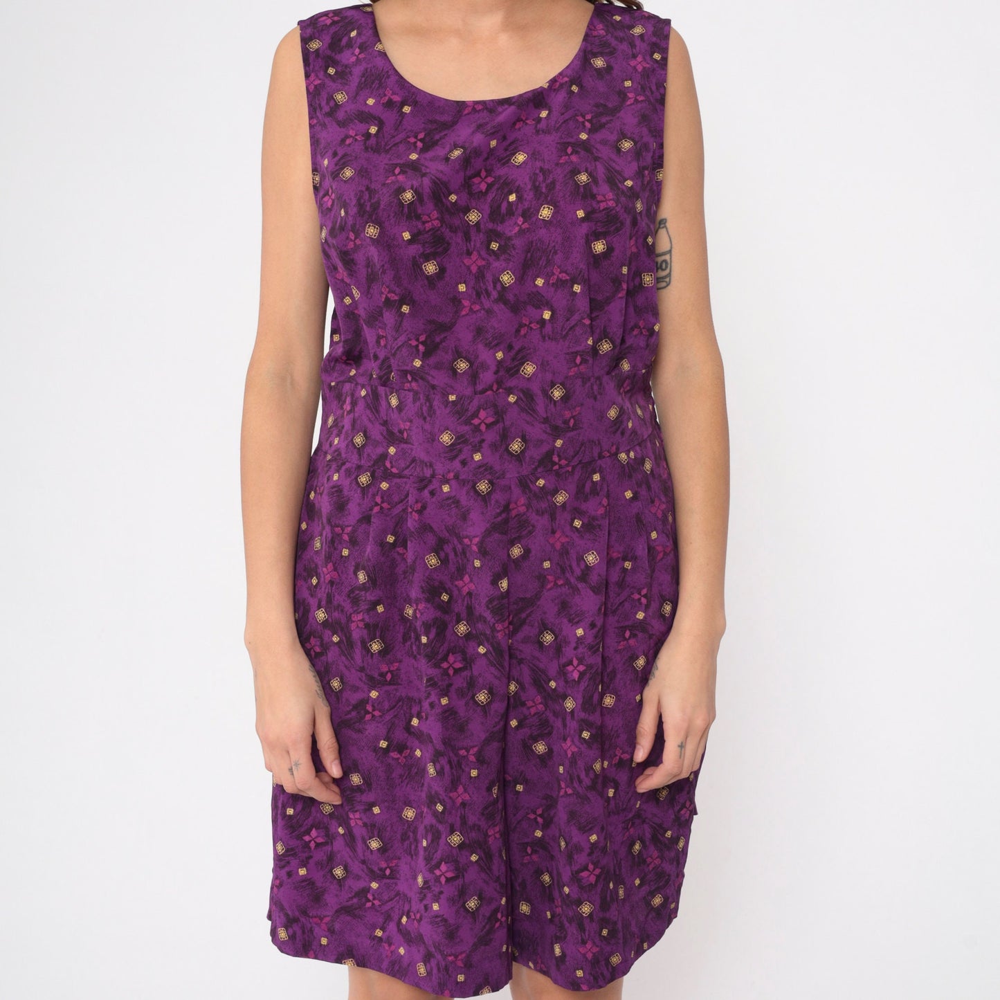 90s Kathie Lee Purple Geometric Leaf Print Romper Keyhole Back Medium Large