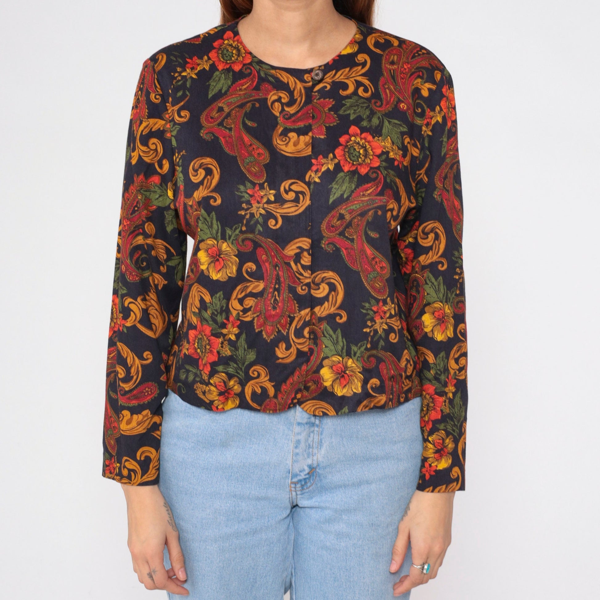 90s Norton McNaughton Paisley Floral Button-Up Blouse Black Gold Long Sleeve Medium