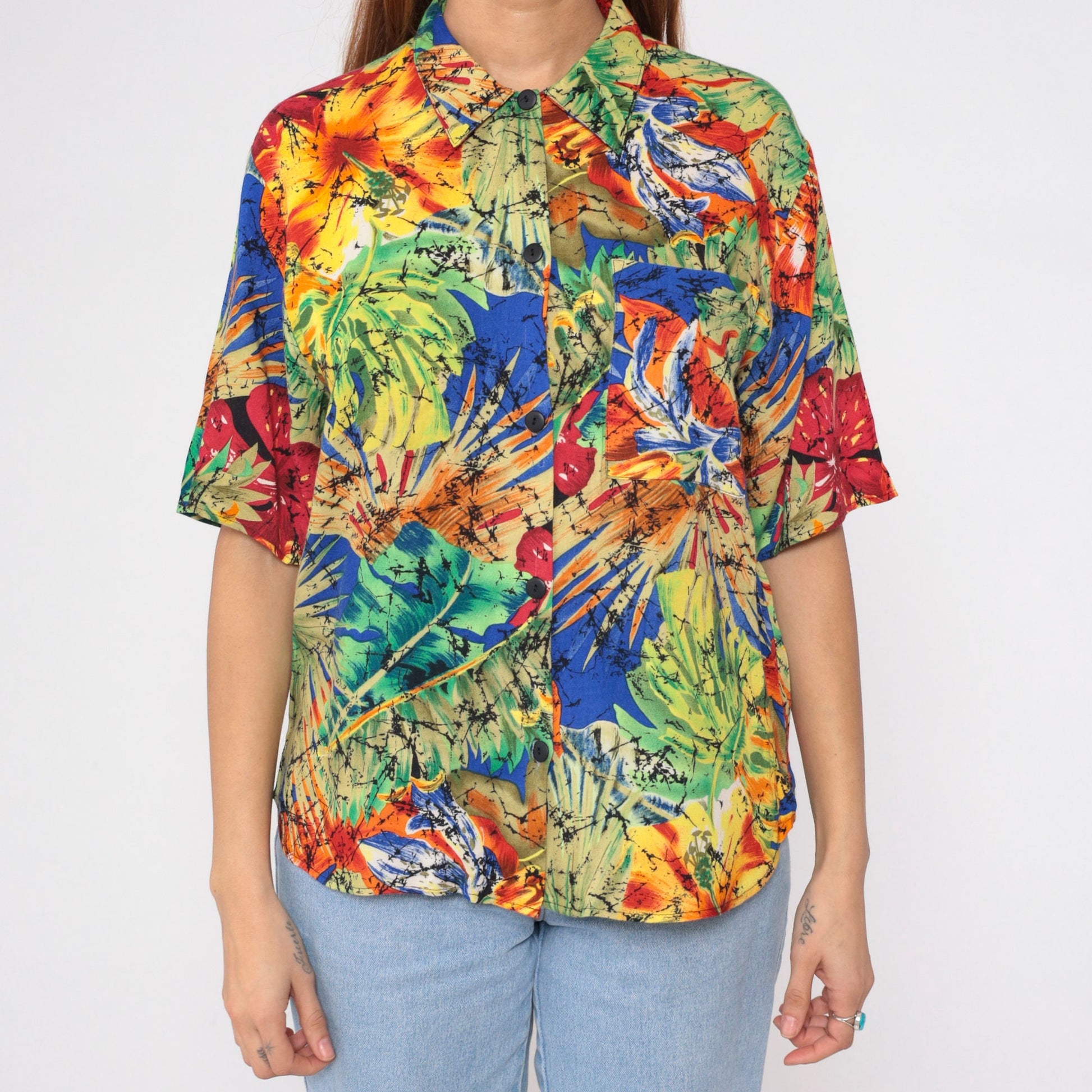 90s Tropical Floral Button-Up Blouse Red Black Marbled Print Short Sleeve Small