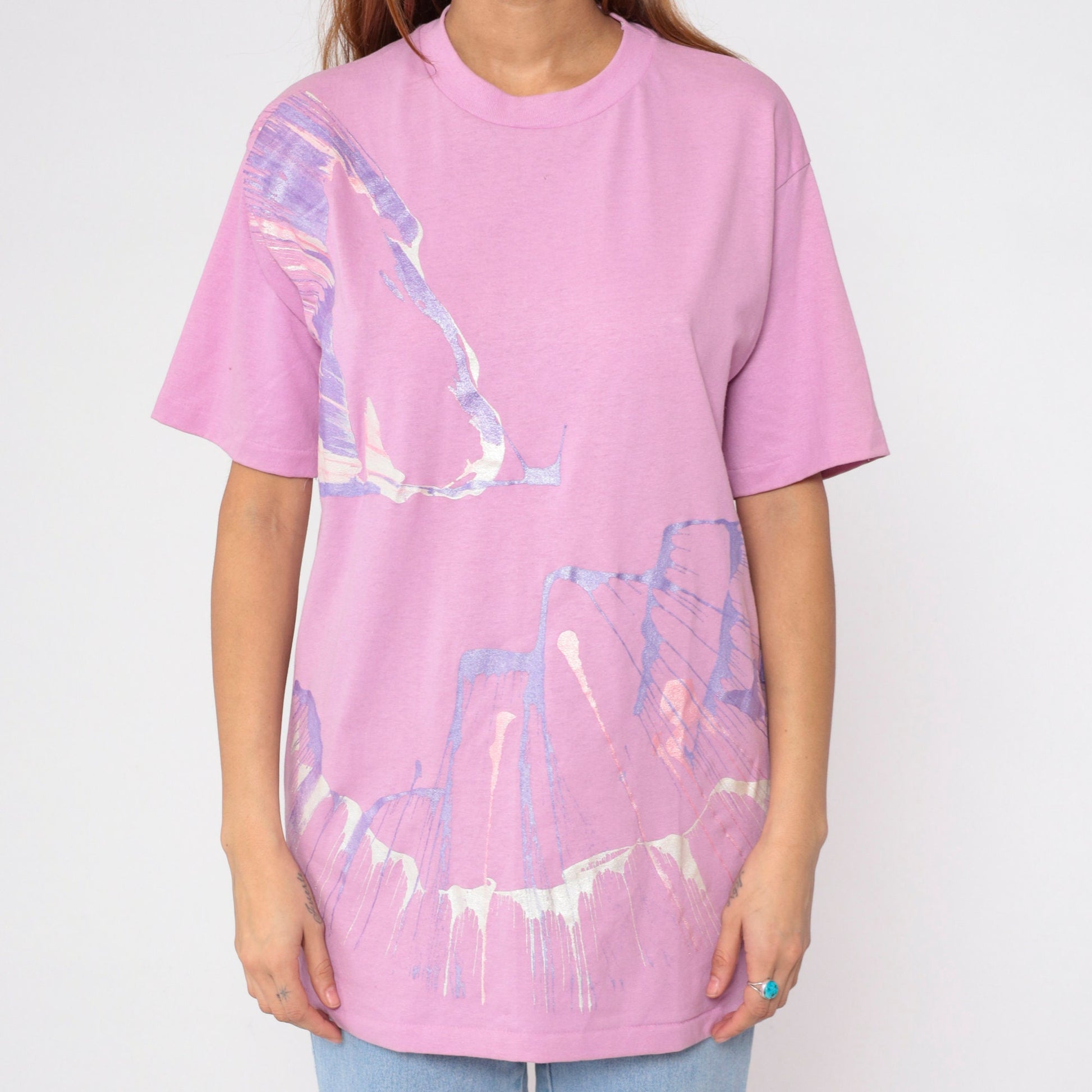 90s Pink Metallic Paint Splatter Graphic T-Shirt Single Stitch Large L
