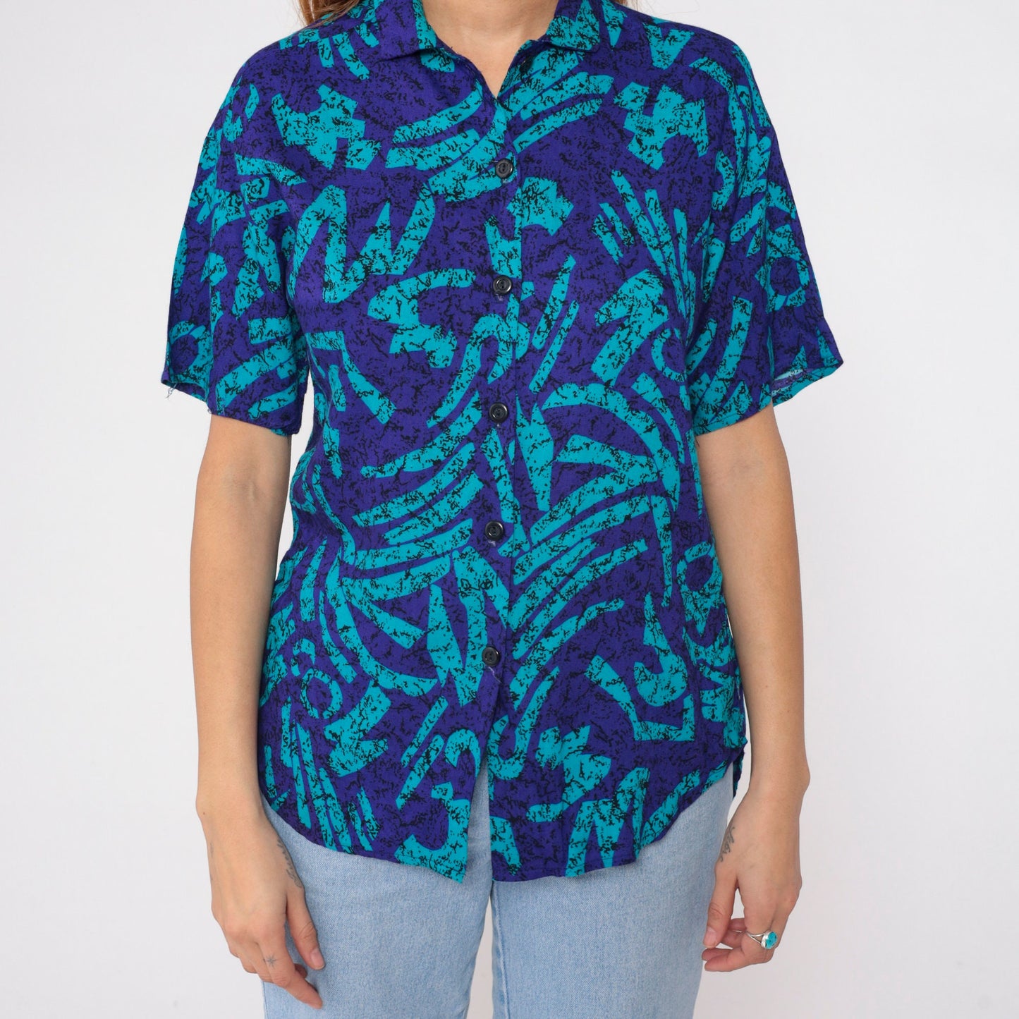 90s Abstract Marbled Button-Up Blouse Purple Blue Black Short Sleeve Medium