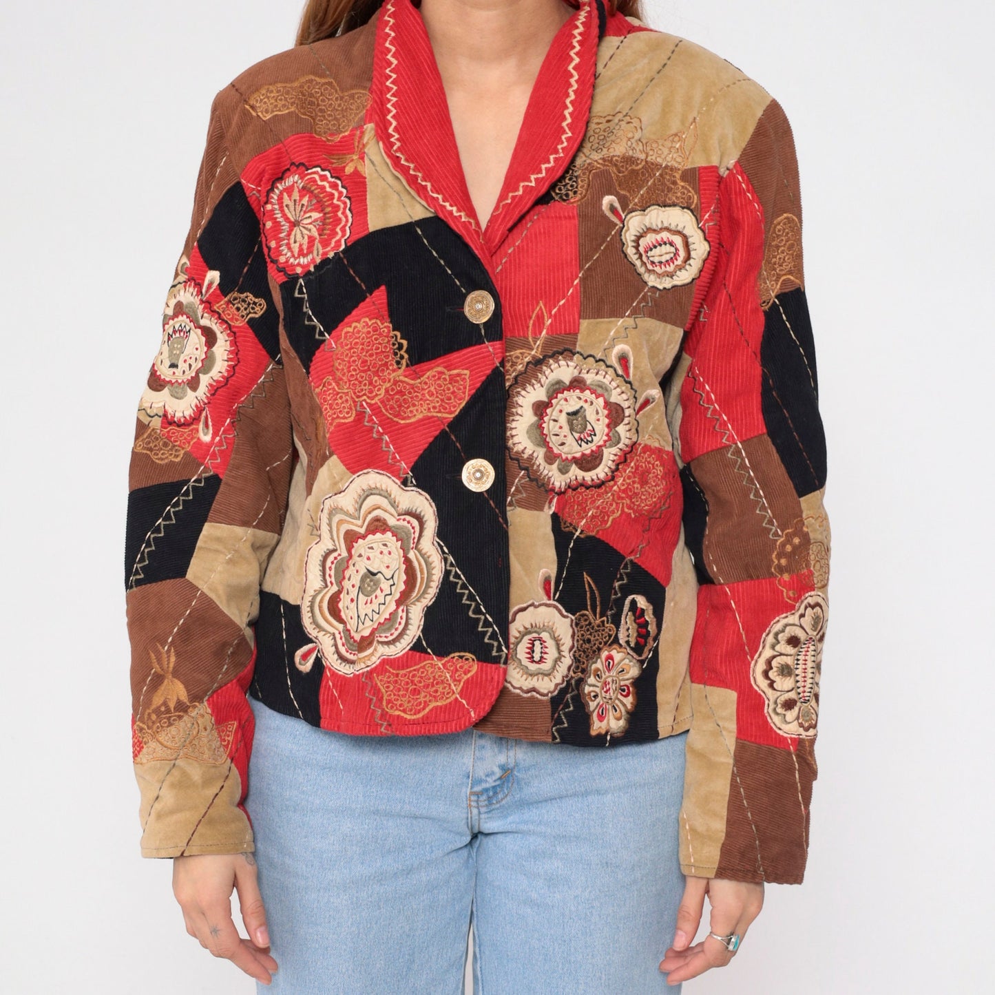 90s Patchwork Corduroy Blazer Floral Embroidered Button-Up Jacket Large L