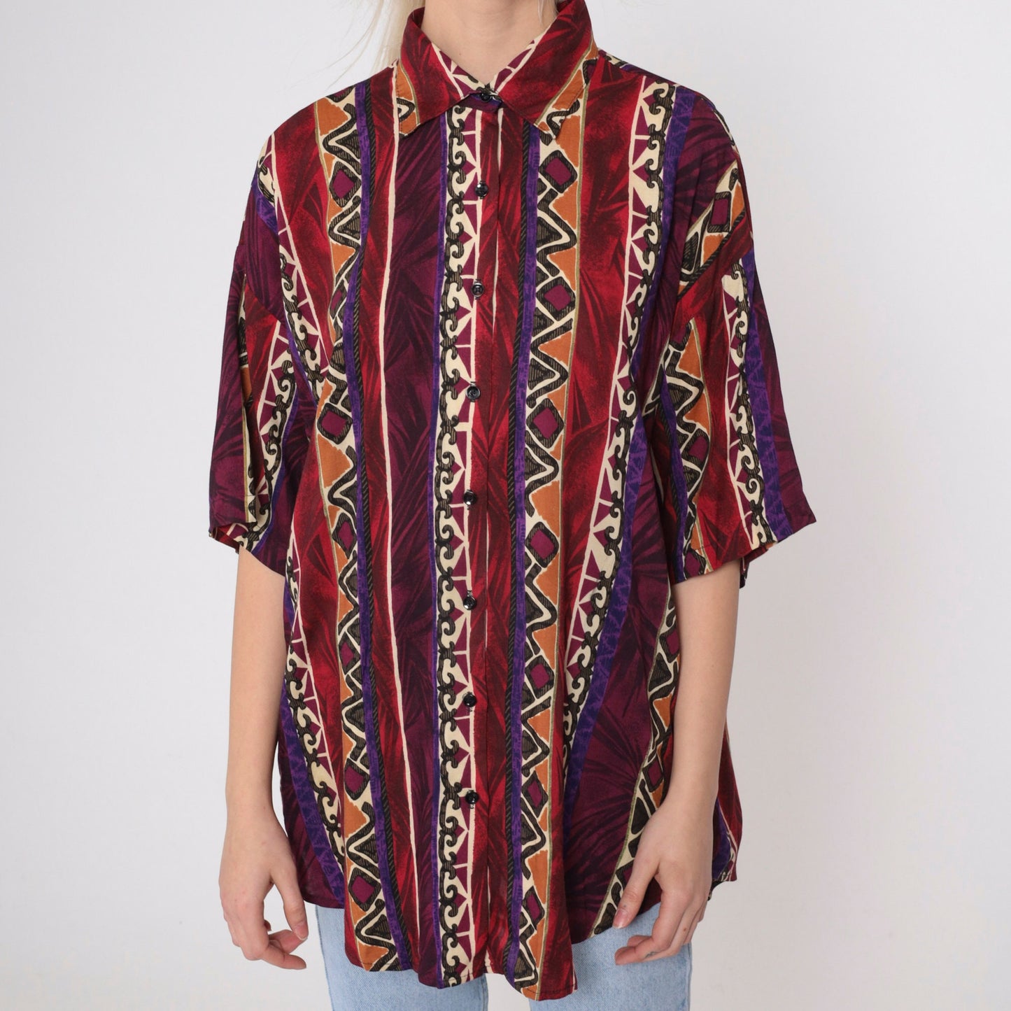 90s Geometric Zig Zag Button Up Shirt Rayon Red Purple Diamond Large L