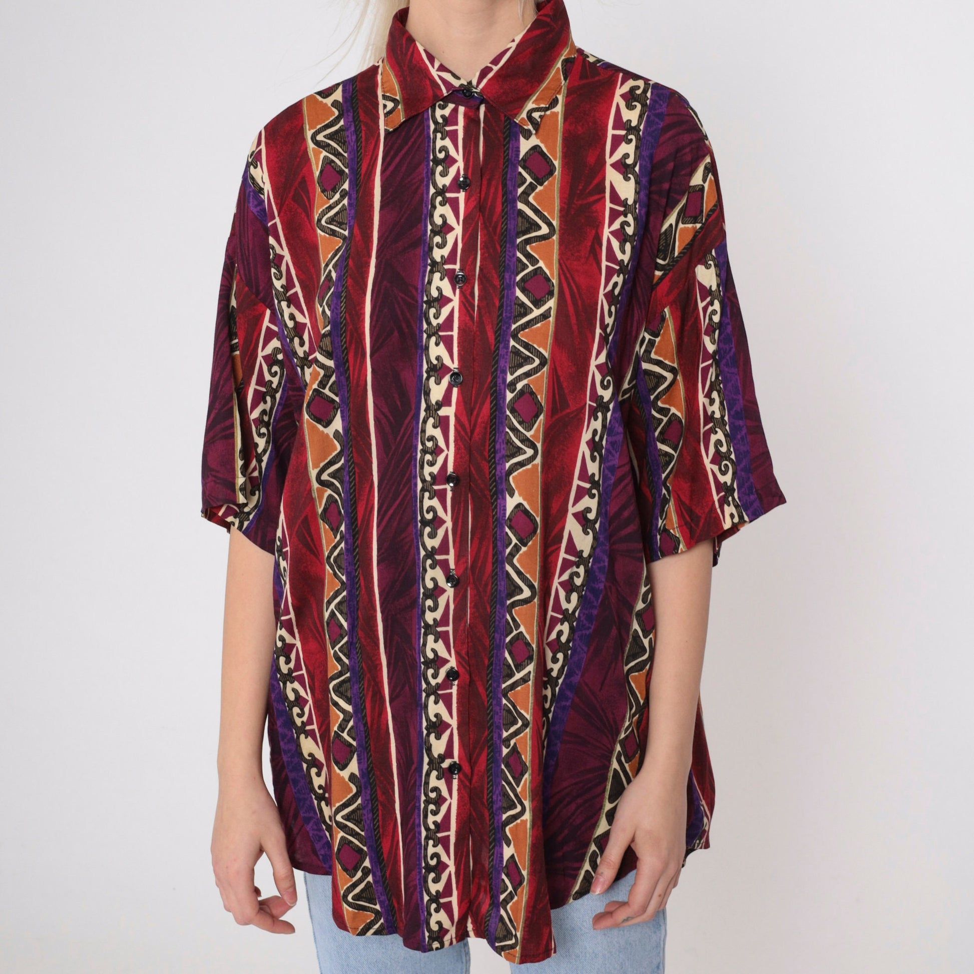 90s Geometric Zig Zag Button Up Shirt Rayon Red Purple Diamond Large L