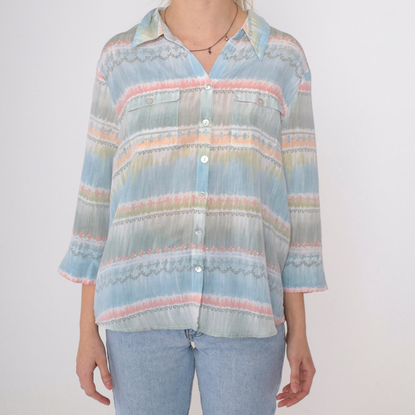 90s Alfred Dunner Striped Button-Up Blouse Muted Pastel 3/4 Sleeve Petite Large