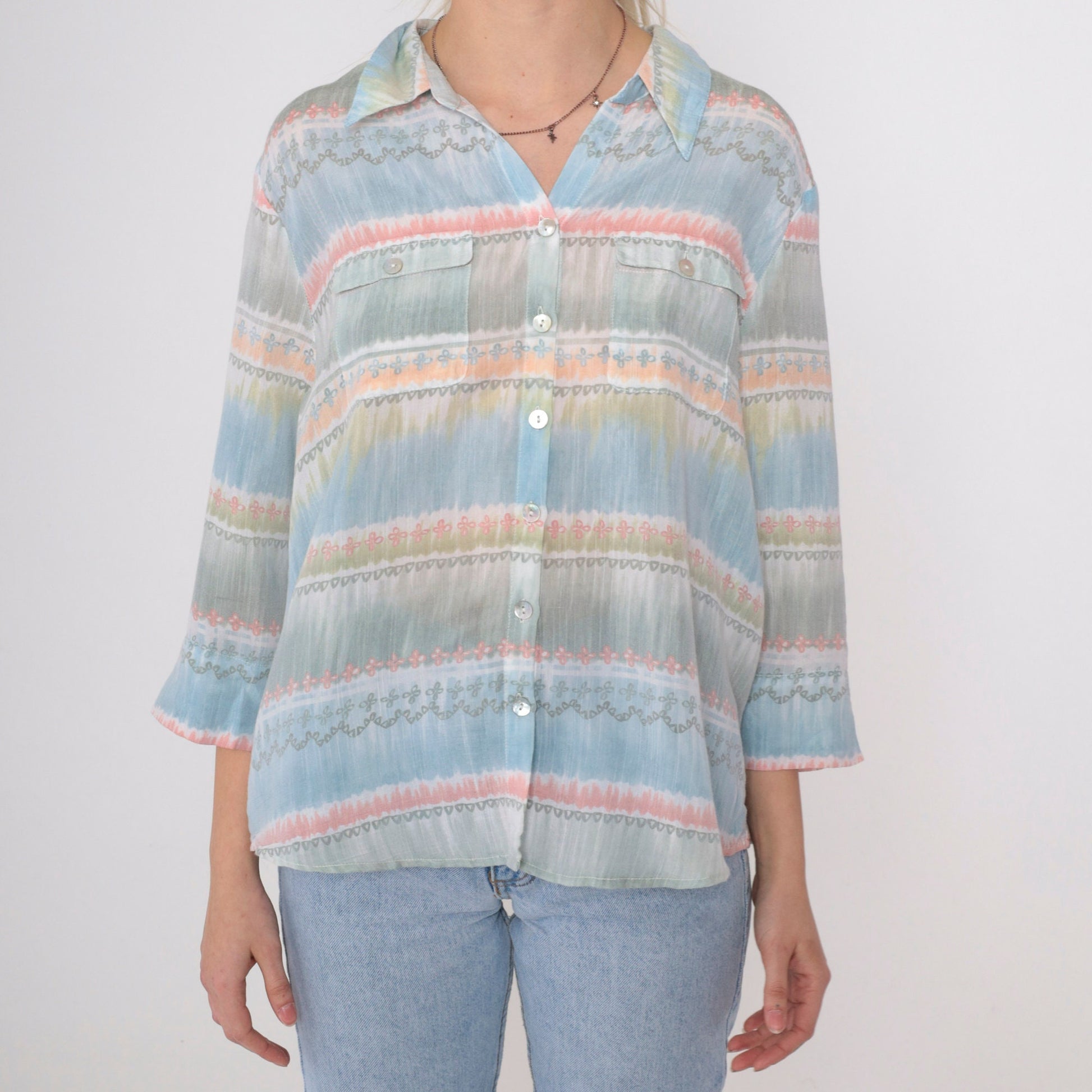 90s Alfred Dunner Striped Button-Up Blouse Muted Pastel 3/4 Sleeve Petite Large