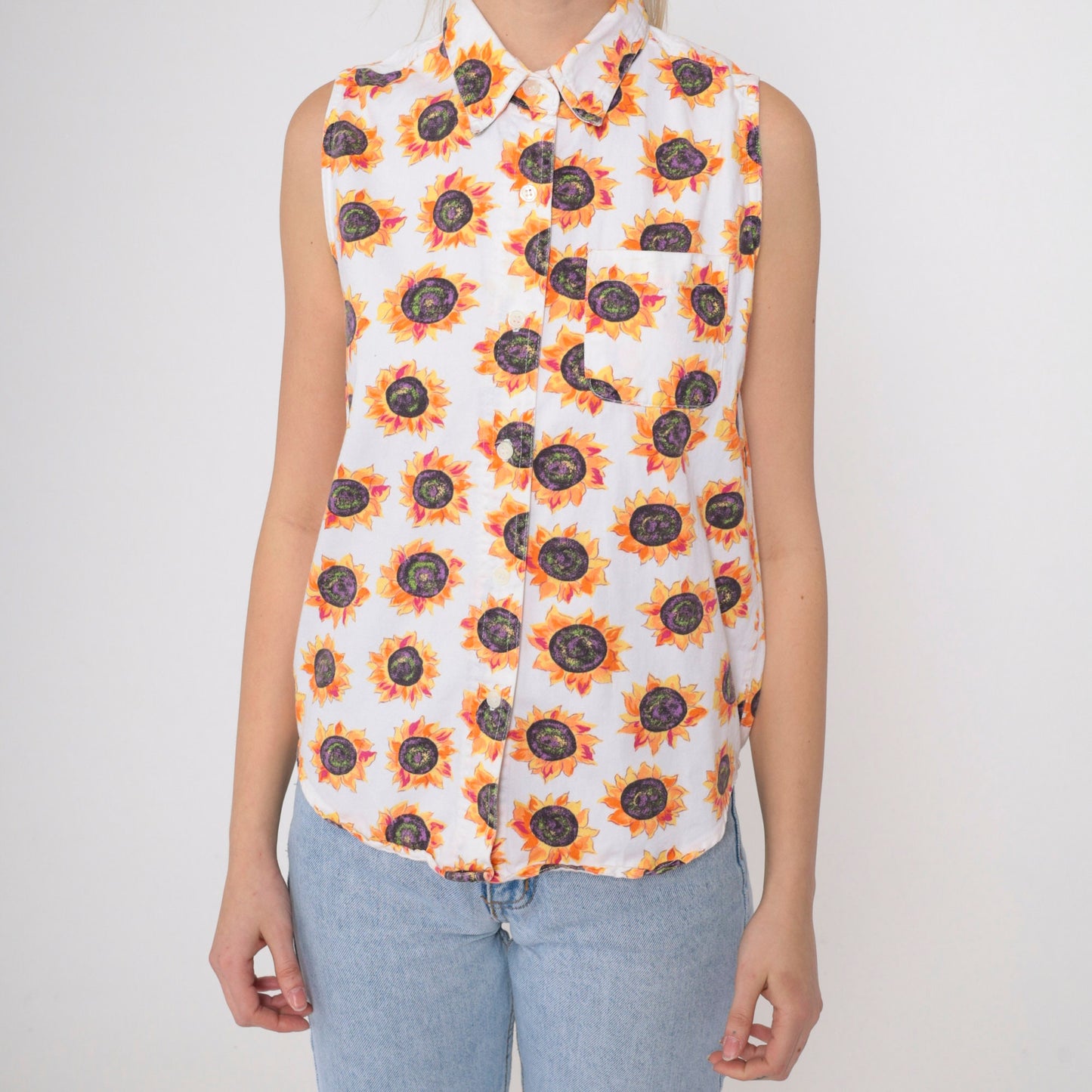 90s Sunflower Tank Top White Cotton Button-Up Sleeveless Blouse Small