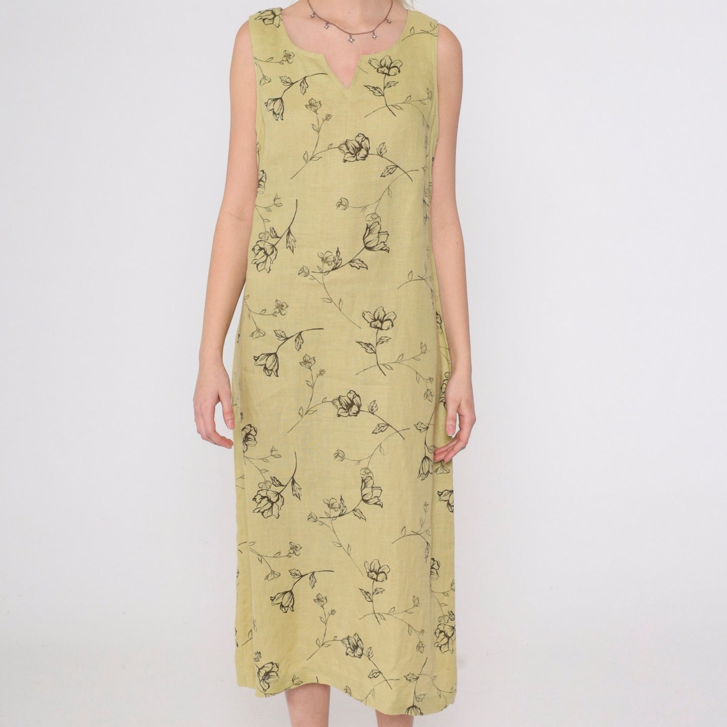 90s Style & Co. Floral Linen Midi Dress Chartreuse Sleeveless Slit Neckline Medium 10
