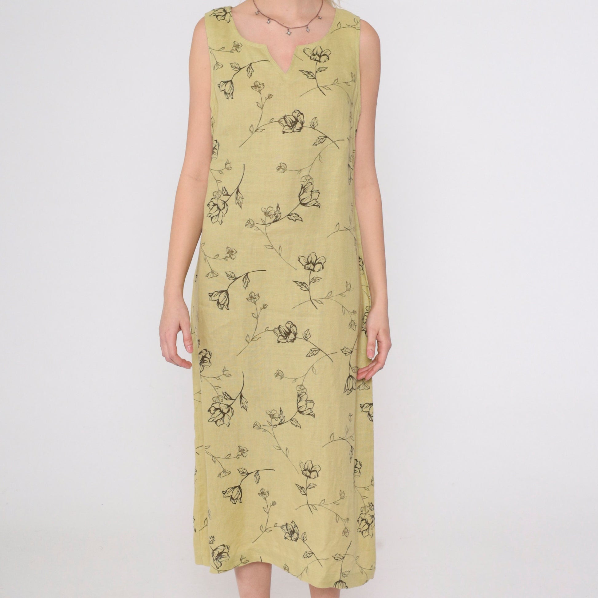 90s Style & Co. Floral Linen Midi Dress Chartreuse Sleeveless Slit Neckline Medium 10