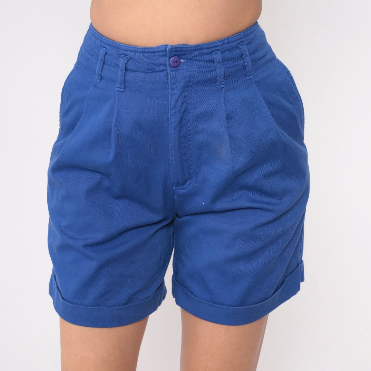 90s High Waisted Pleated Shorts Royal Blue Cotton Small