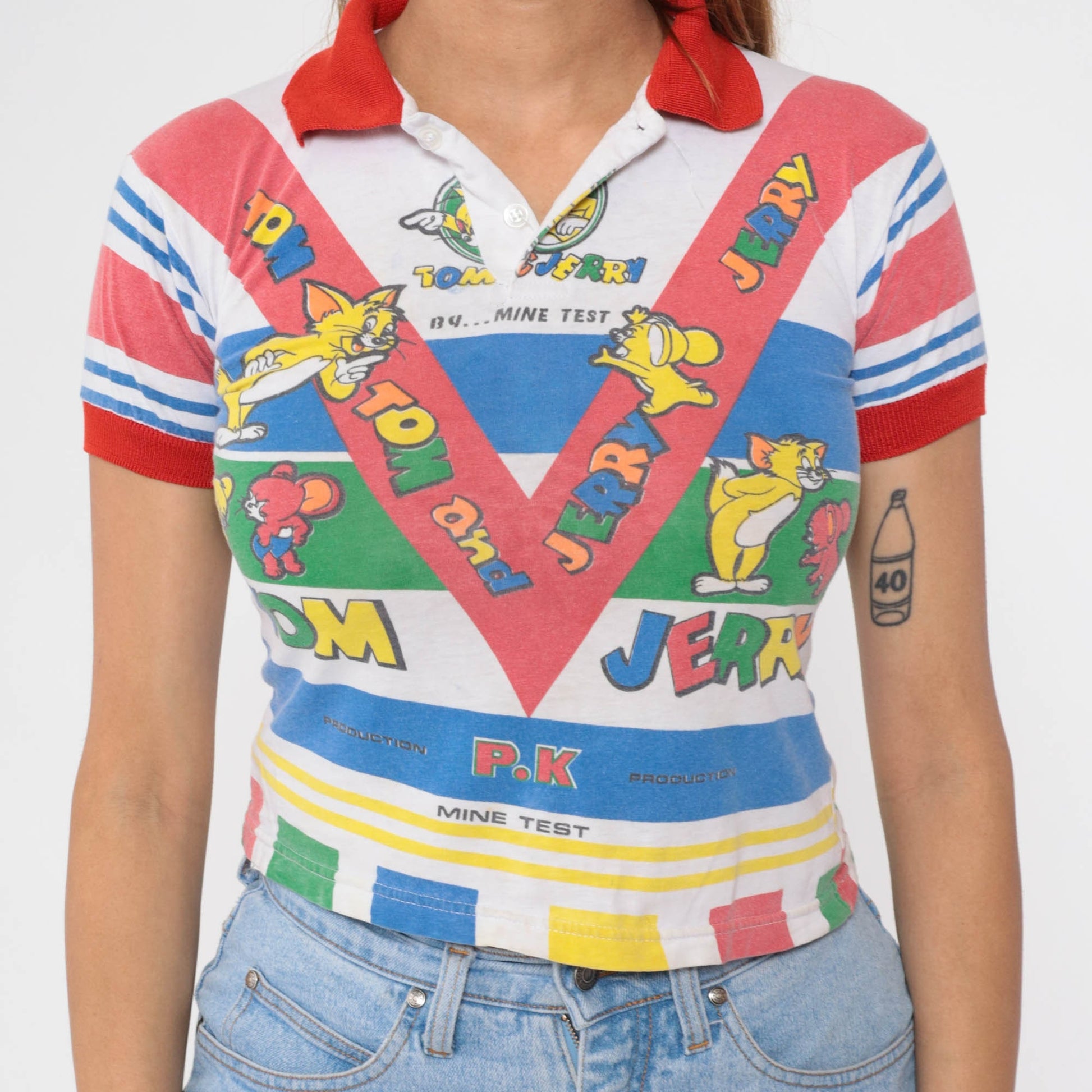 80s Tom and Jerry Polo Shirt Graphic Kids Crop Top 2XS