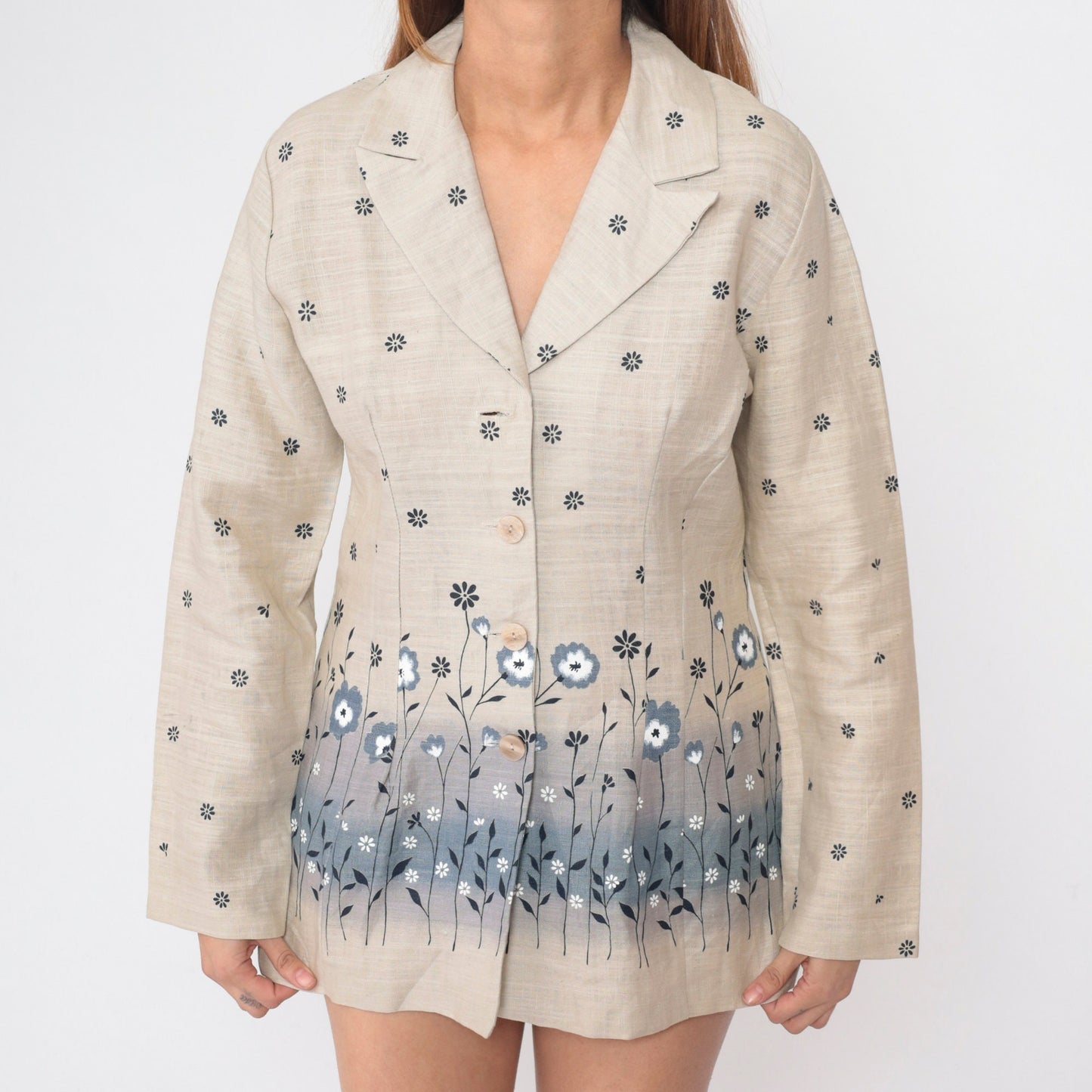 90s Floral Blazer Beige Cotton Blue Flower Print Structured Jacket Medium