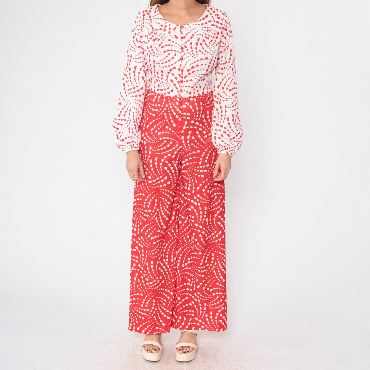 70s Toni Todd Jumpsuit Red White Geometric Wide Leg Button Up Small Medium